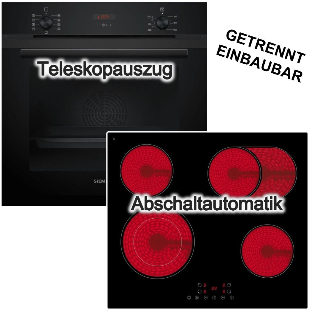 SIEMENS Backofen-Set Strahlungskochfeld PKM Schwarz 71 Liter Heißluft Glaskeramik Kochfeld, mit 1-fach Teilauszug, Hydrolyse
