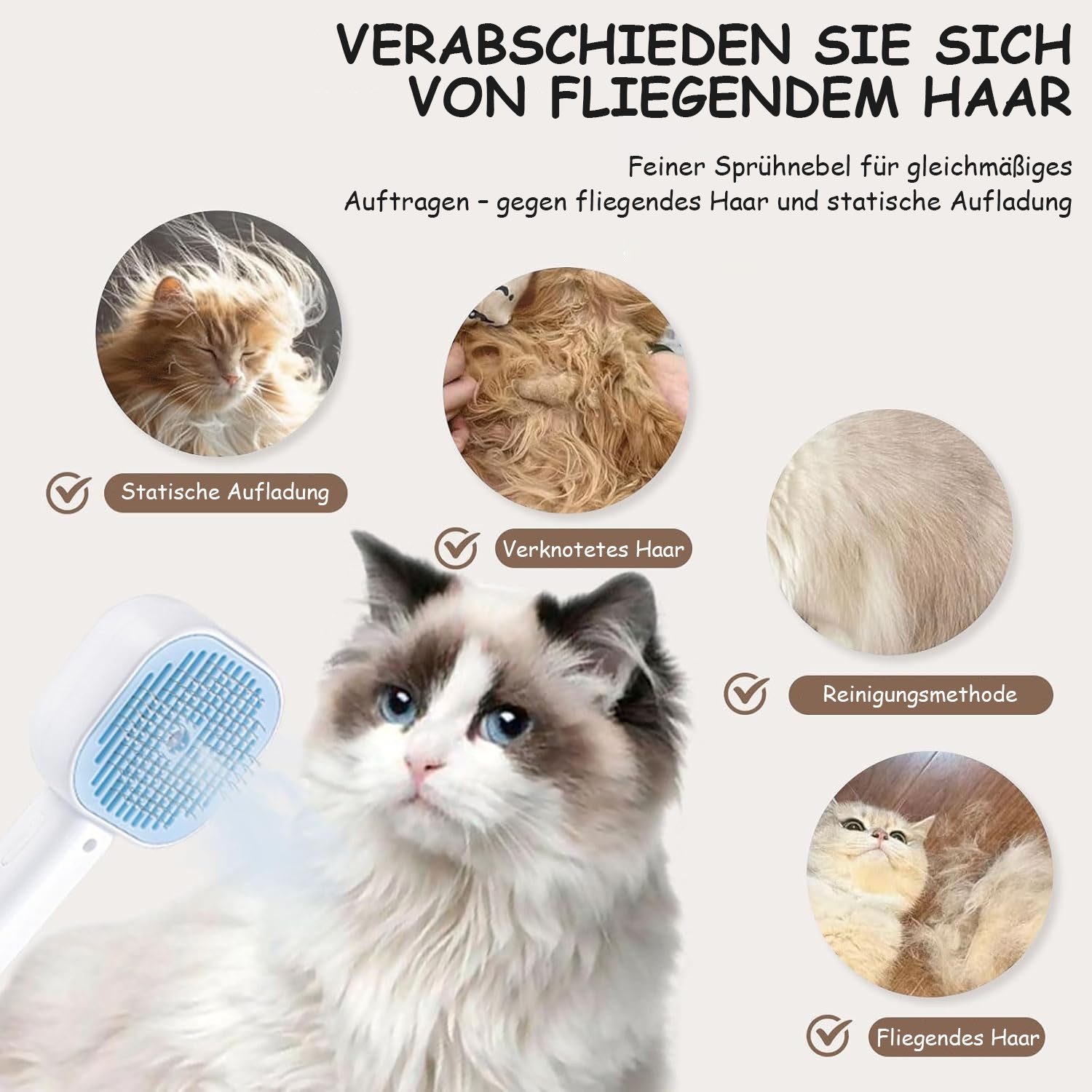 AIMAX Fellbürste Katzenbürste mit Dampf Multifunktionale Katze Steamy Brush, (Auslöseknopf USB aufladbar), mit Spray Große Kapazität Wassertank Dampfbürste Katze
