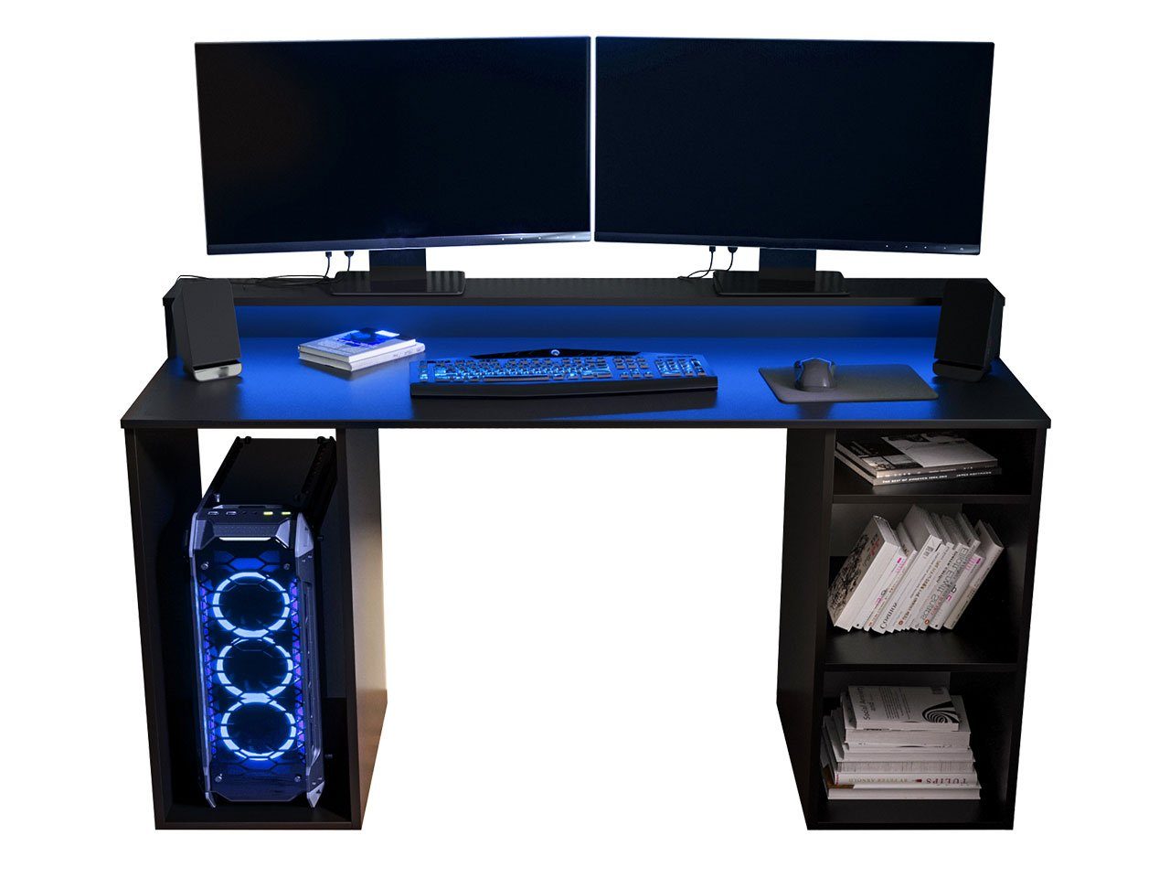 MIRJAN24 Schreibtisch Gamer (mit RGB), Regal, LED Stil Beleuchtung Gaming Schwarz Monitor I