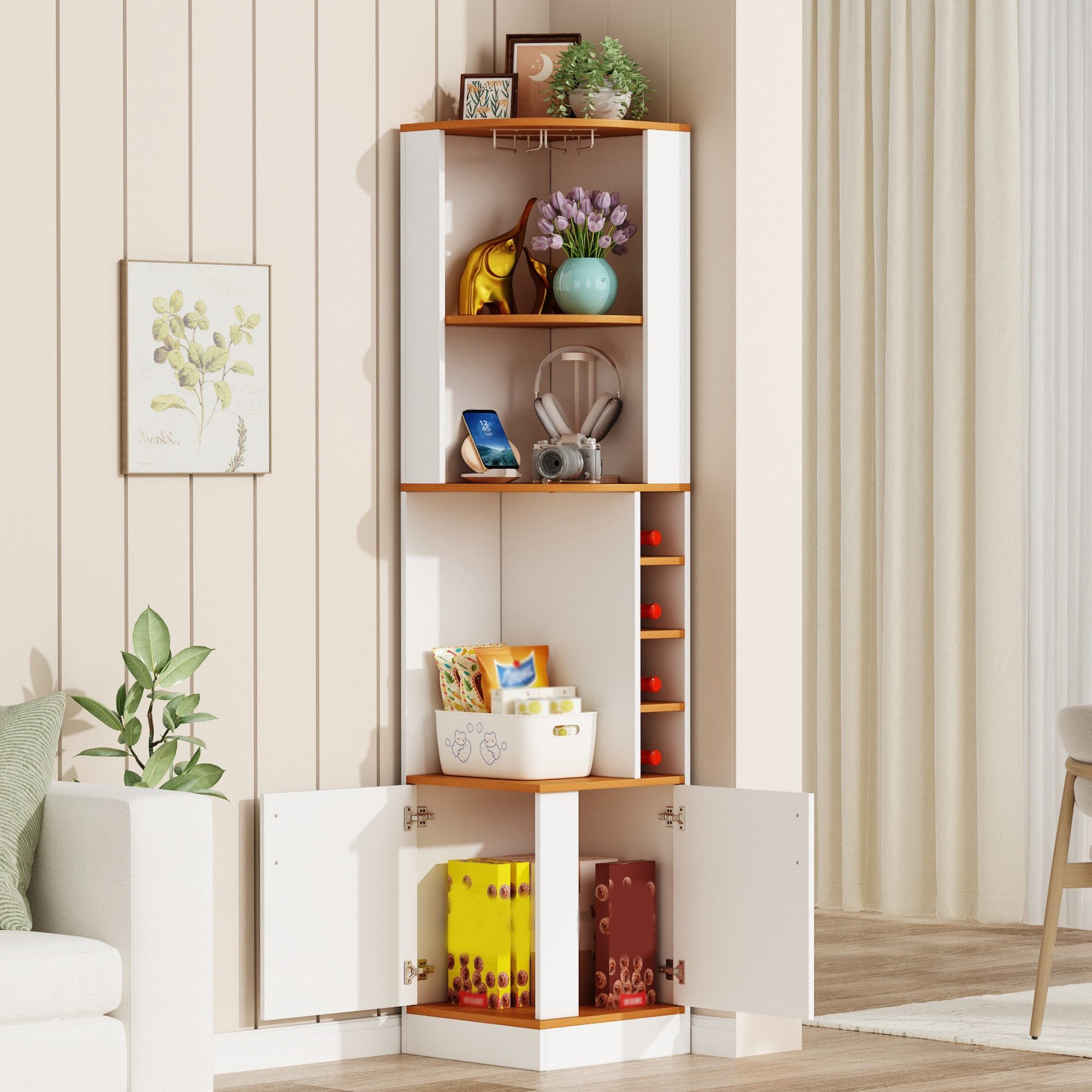 Flieks Eckschrank Hochschrank mit Weinglasregal, Gläserhalter, Ablagen und 2 Türen (40×40×182 cm, 1-St) Mehrzweckschrank Eckregal Küchenschrank Landhausstil Weiß
