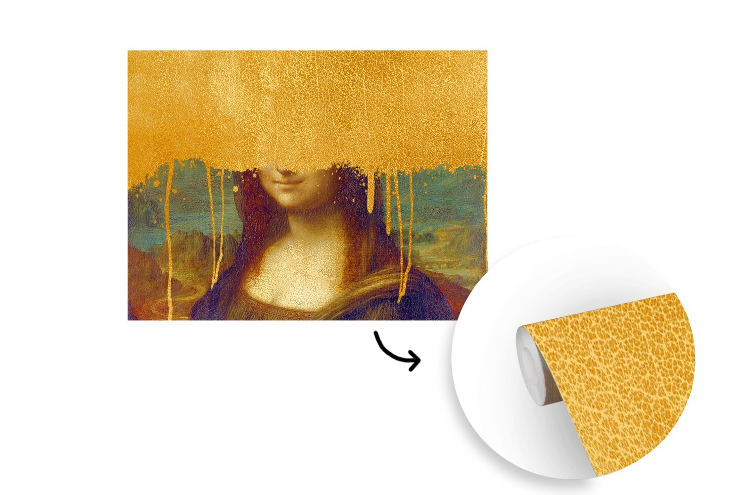 MuchoWow Fototapete Mona Lisa Vinci, (6 Wohnzimmer, für - Gold Tapete Schlafzimmer, Da bedruckt, - St), Kinderzimmer, Vinyl Matt, Wallpaper
