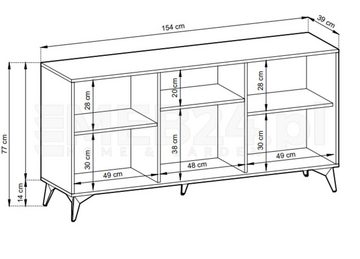 MOEBLO Kommode Onyks K154 (Sideboard Wohnzimmer Kommode Schlafzimmer Komodenschrank Highboard, schwarz/eiche Evoke Fischgrät, moderne Design), (HxBxT):77x154x39cm