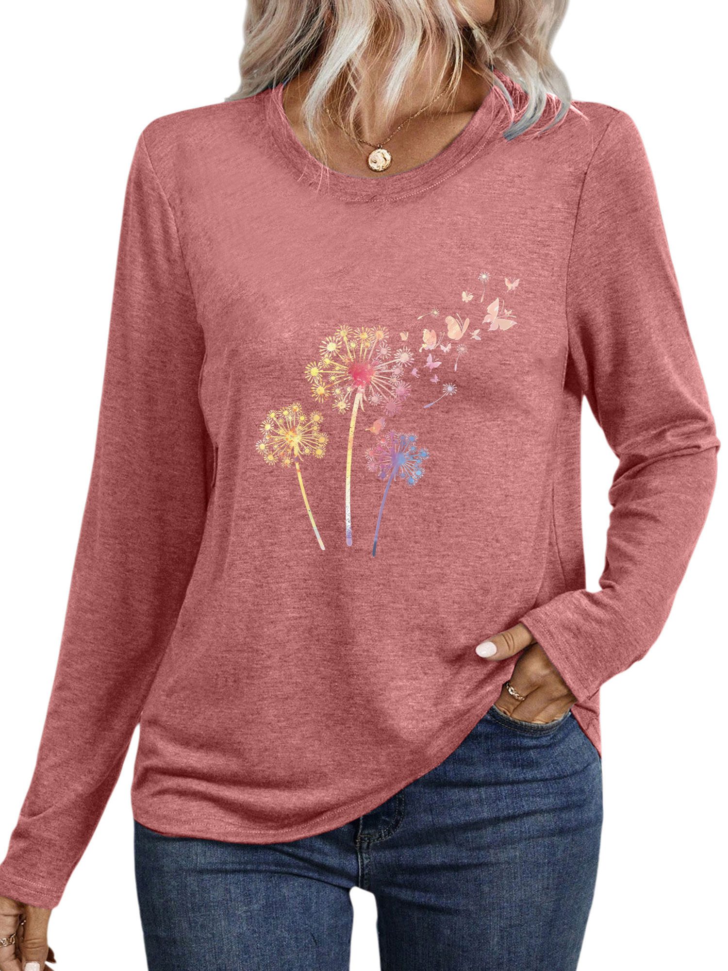 PYLIKE Longsleeve Damen Rundhalsausschnitt Longsleeve mit Löwenzahn Print-S günstig online kaufen