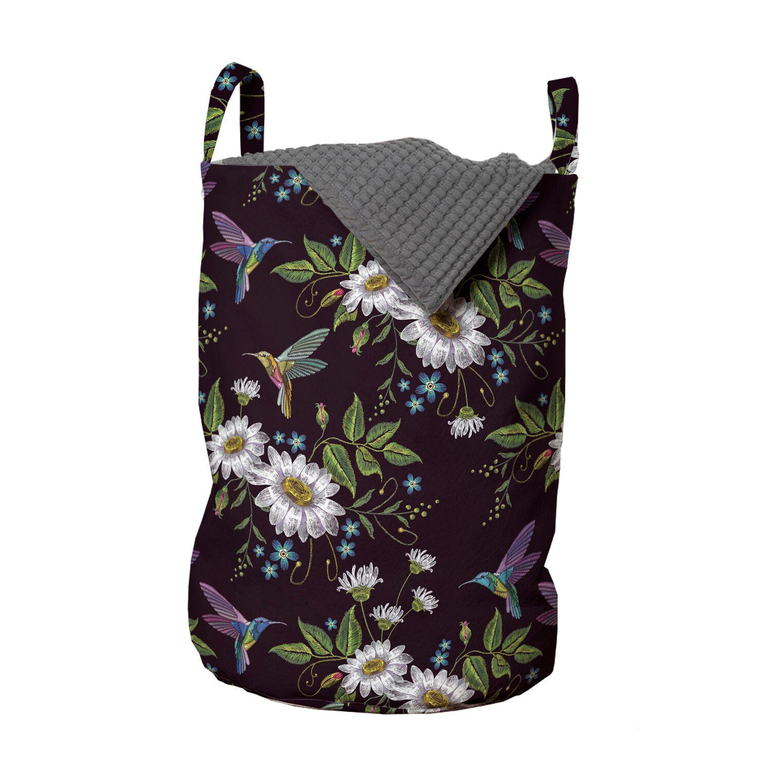 Abakuhaus Wäschesäckchen Wäschekorb mit Griffen Kordelzugverschluss für Waschsalons, Botanisch Vögel Reisig Blüten Kunst