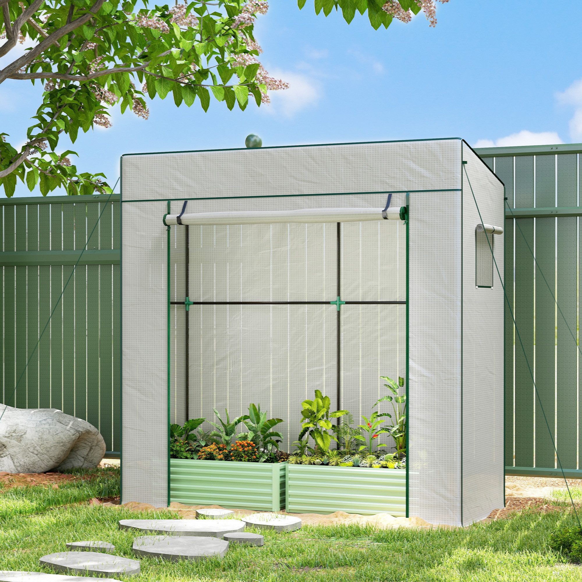 Outsunny Foliengewächshaus Rolltor Netzfenster Schrägdach Stabil mit PE-Folie Erdhaken, BxTxH: 77 x 196 x 197 cm, BxLxH: 77 x 196 x 197 cm, 0 mm Wandstärke, Tomatengewächshaus 1-St., Gewächshaus, für Garten, Balkon, Terrasse Weiß