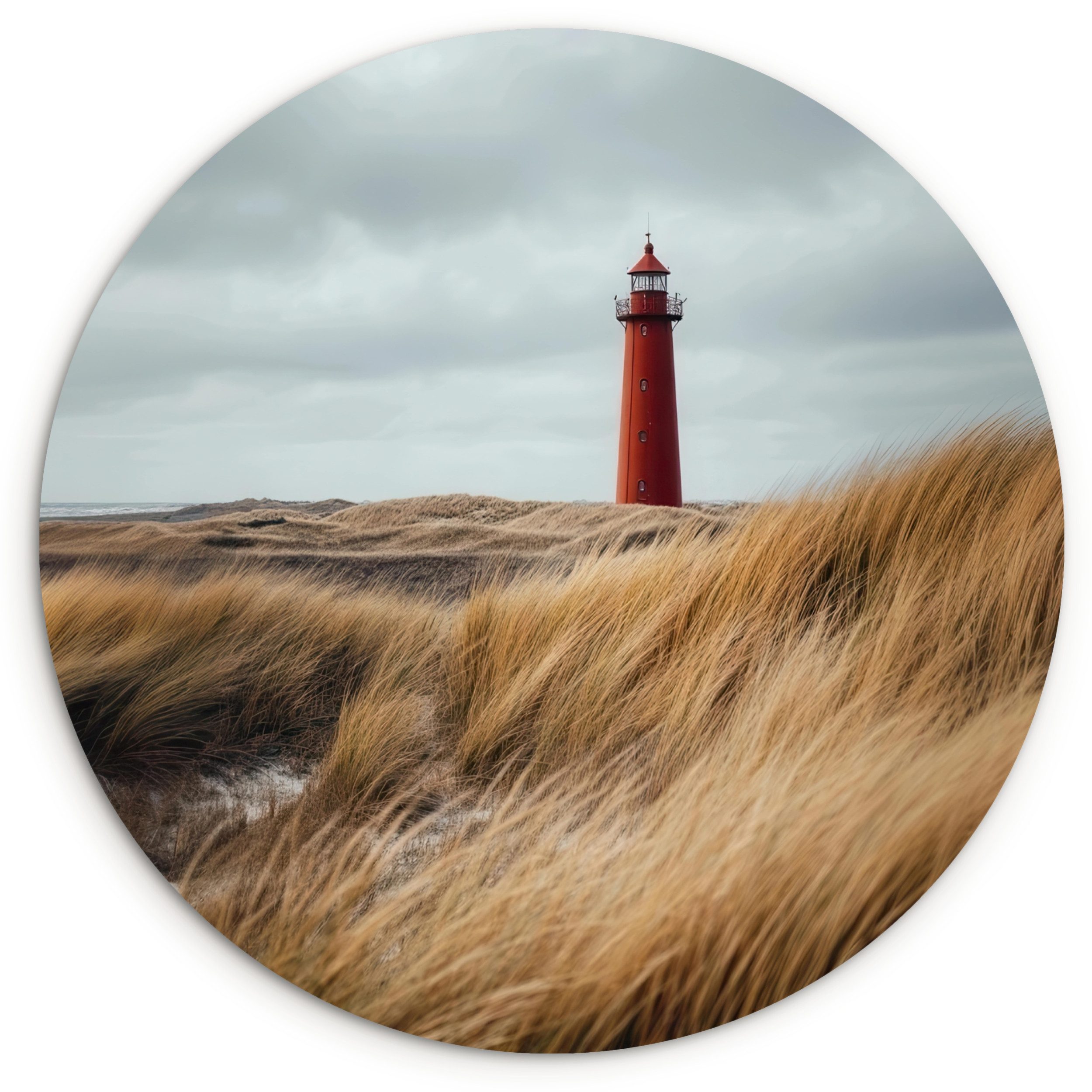MuchoWow Gemälde Dünen - Leuchtturm - Rot - Himmel, Fotodruck (1 St), Kreis Wanddekoration, Rundes Wandbild, 30x30 cm