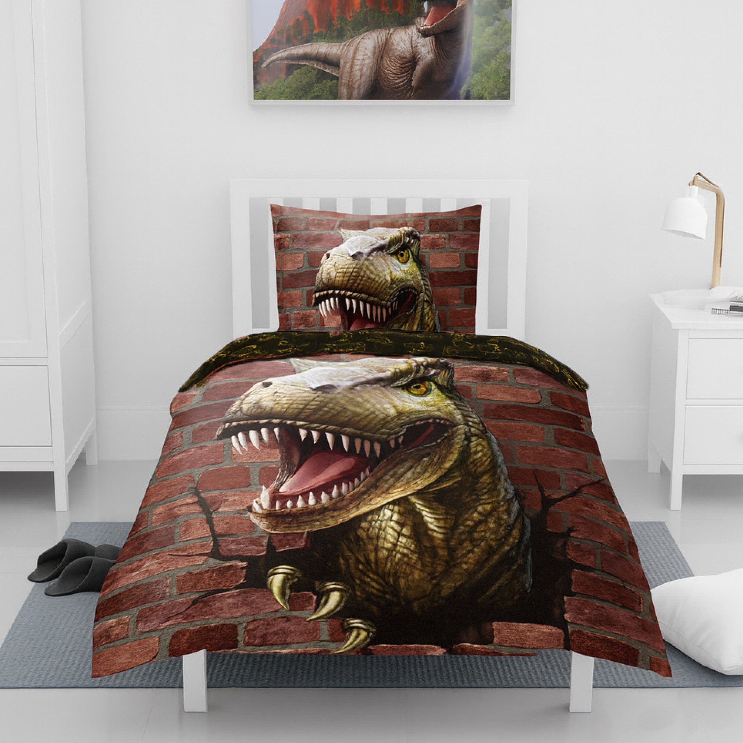 Familando Kinderbettwäsche mit Dino Muster und 3D T-Rex in 135x200 + 80x80 günstig online kaufen