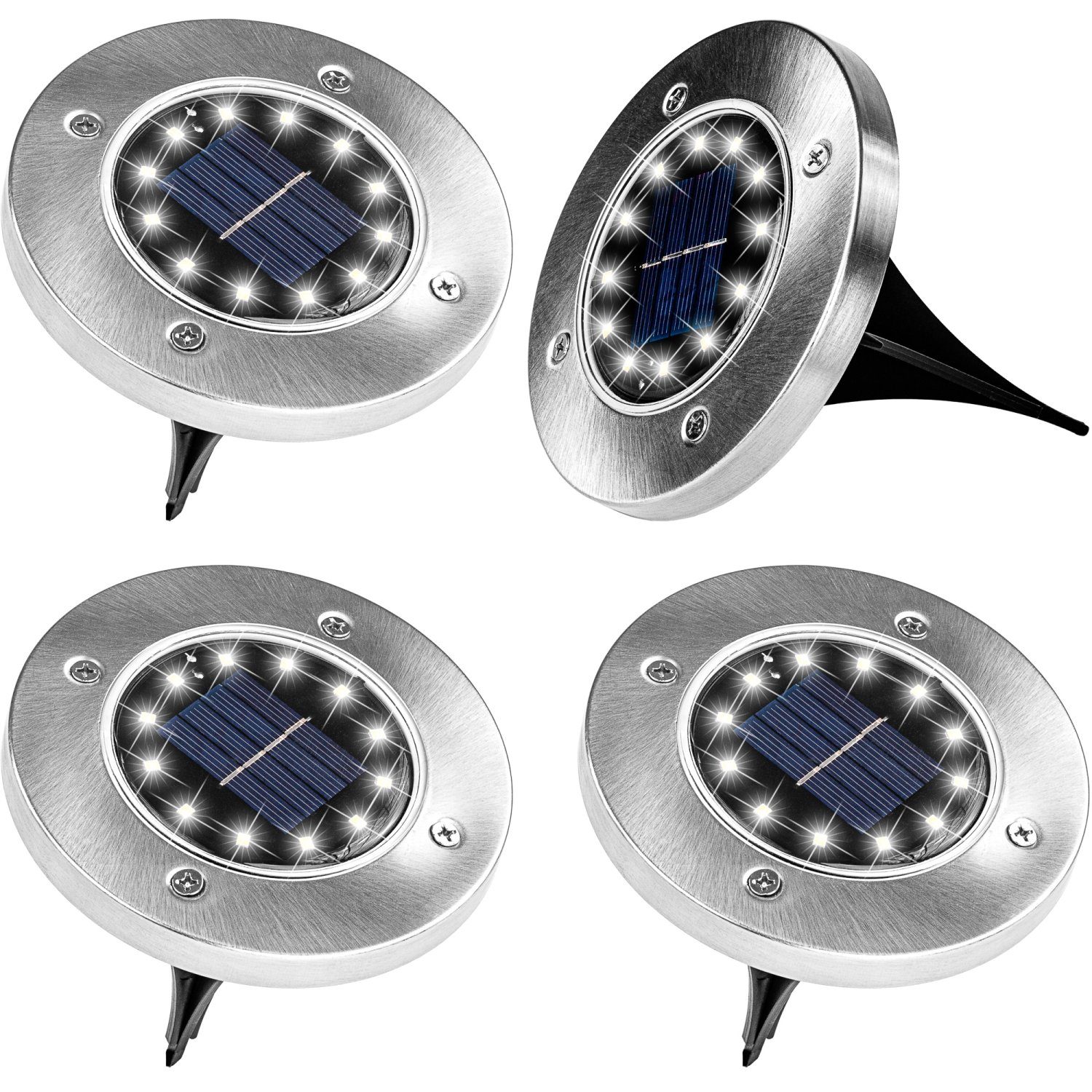 VOLTRONIC LED Solarleuchte Solar Bodenleuchte Wegeleuchte Gartenleuchte, Lichtsensor, Solarmodul, LED fest integriert, Kaltweiß, 8 LEDs, kaltweiß beleuchtet, Edelstahl-Look, abnehmbarer Erdspieß