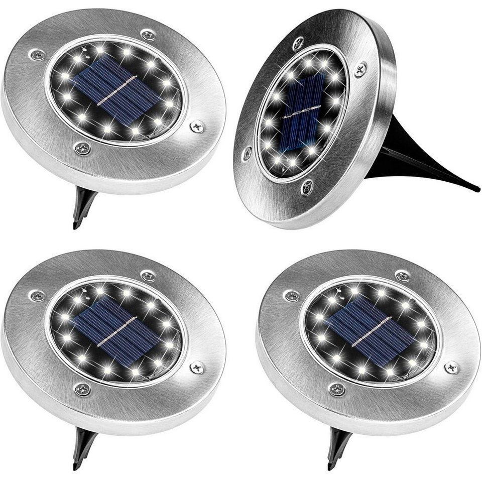 VOLTRONIC LED Solarleuchte Solar Bodenleuchte Wegeleuchte Gartenleuchte,  Lichtsensor, Solarmodul, LED fest integriert, Kaltweiß, 8 LEDs, kaltweiß  beleuchtet, Edelstahl-Look, abnehmbarer Erdspieß