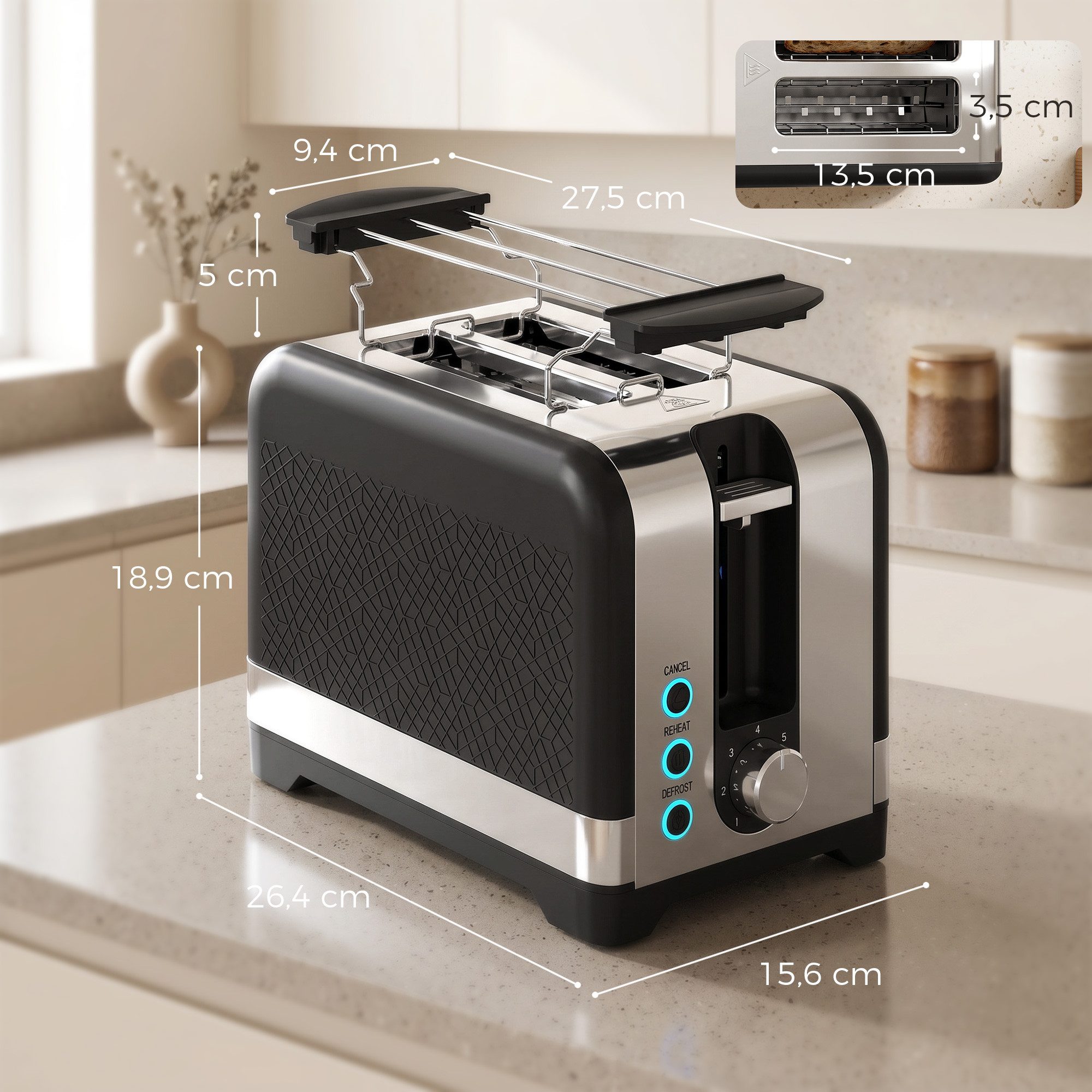 HOMCOM Toaster 7 Bräunungsstufen, Aufwärmen, Abbruch, Krümelschublade, 2 Schlitze, für 2 Scheiben, 930 W, abnehmbarer Brötchenaufsatz, Auftaufunktion, Brotzentrierung, AutoOff