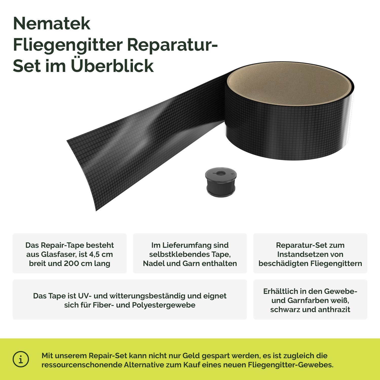 Nematek Insektenschutz-Fensterrahmen Reparatur-Set für Insektenschutzgewebe  4,5 x 200 cm Klebeband aus Glasfaser