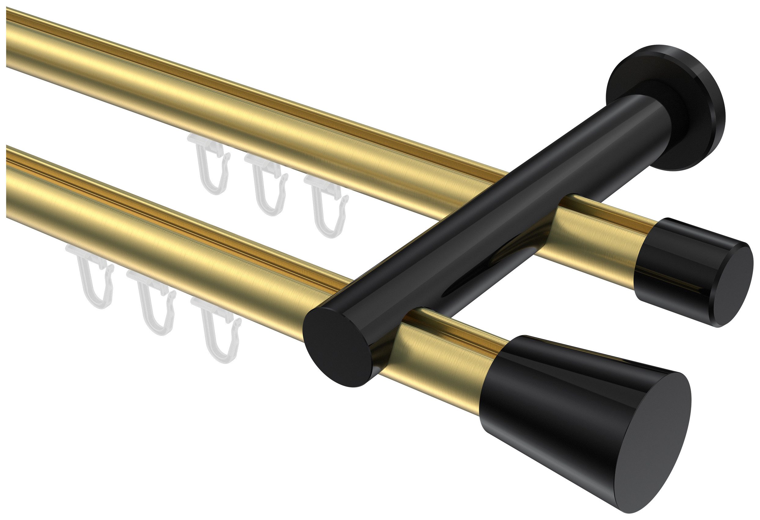 INTERDECO Gardinenstange Platon Sitra, Ø 20 mm, 2-läufig, Fixmaß, kürzbar, Wandmontage, Aluminium, Messing-Optik / Schwarz / Bicolor