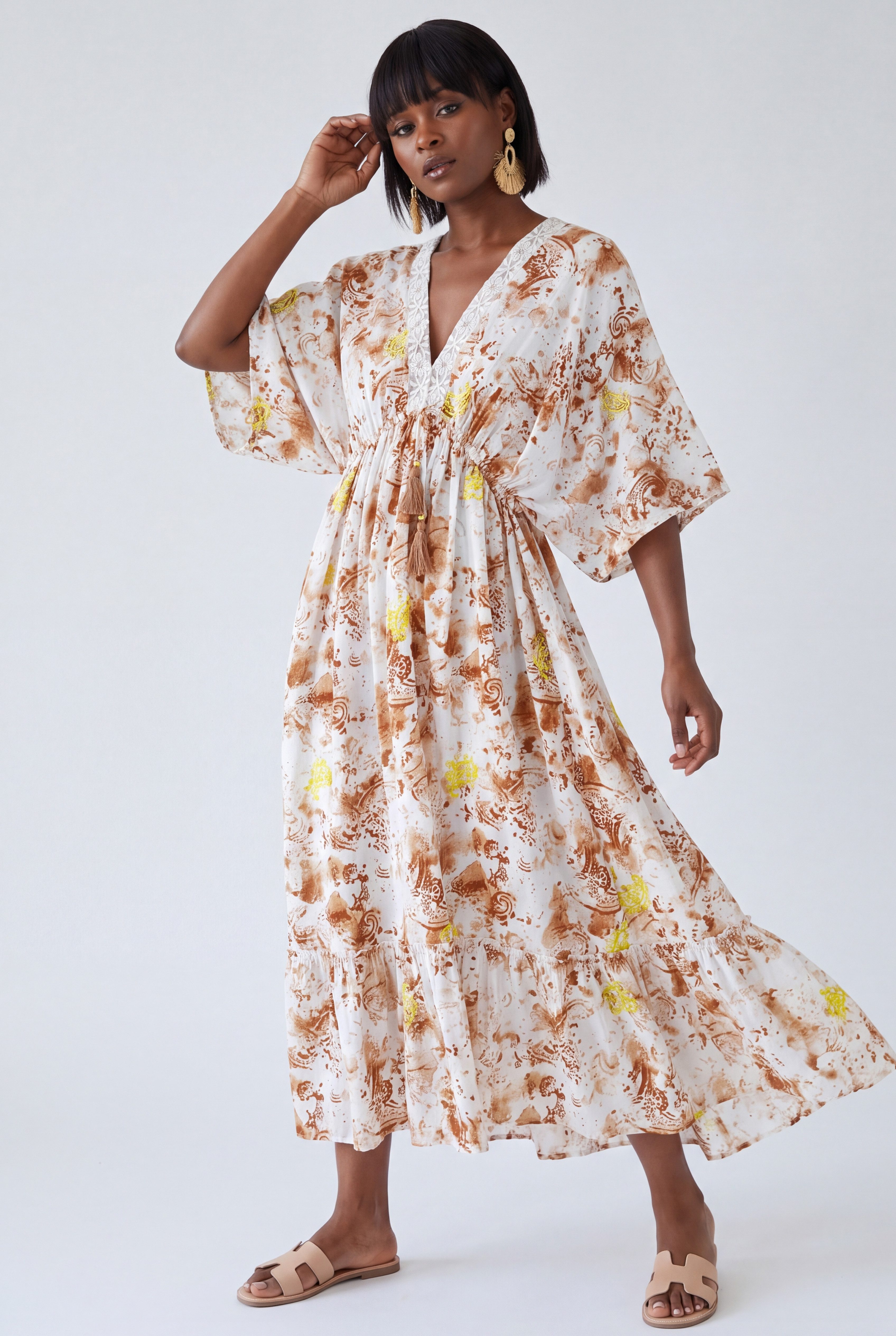 YC Fashion & Style Maxikleid Boho mit Stickerei & Quasten, 100 % Baumwolle, One Size mit Alloverdruck