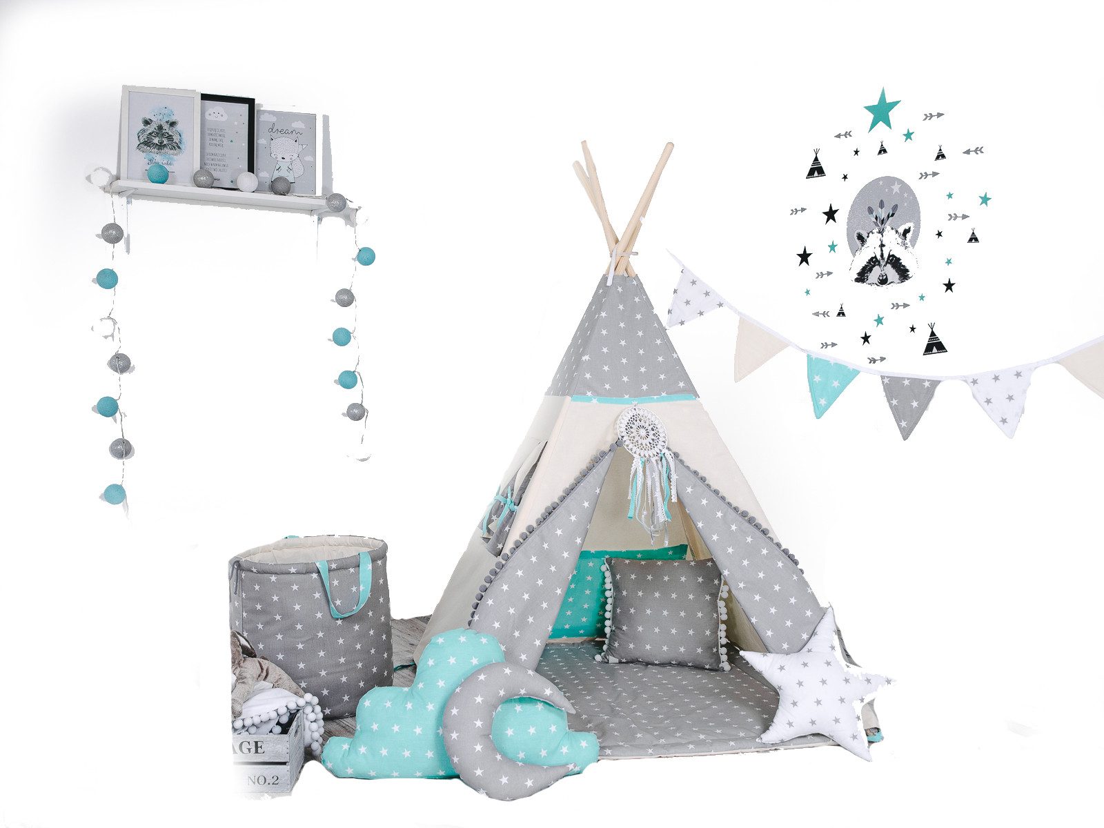 Rainbow Kids Tipi-Zelt Grauer Stern, Personen: 2 (mit Zubehör, 8 tlg., mit 4 Kissen, Matte, Spielzeugkorb und Wimpelkette) – Bild 2 von 5