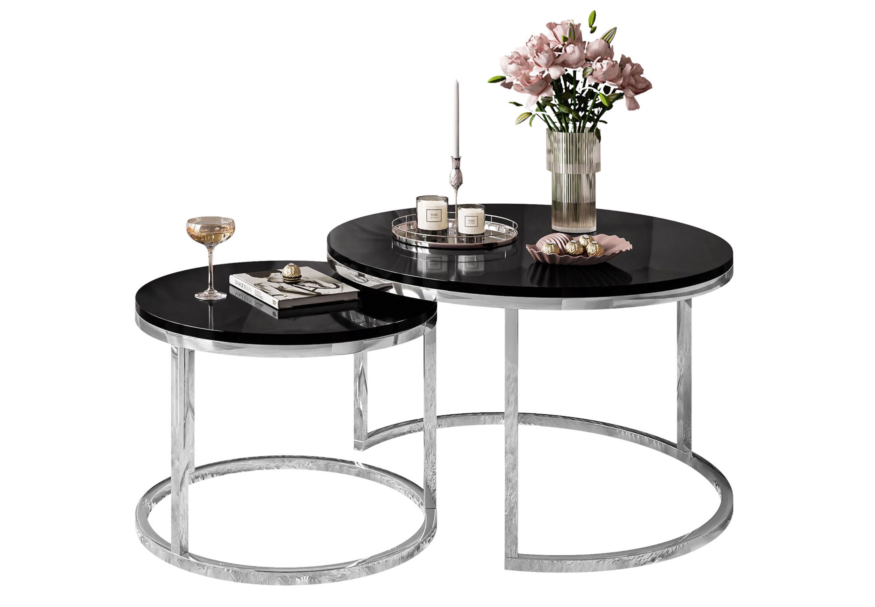 Lookway Couchtisch CIRI 2in1 Hochglanz Chrom Gestell Runder Tisch (2er Set) günstig online kaufen