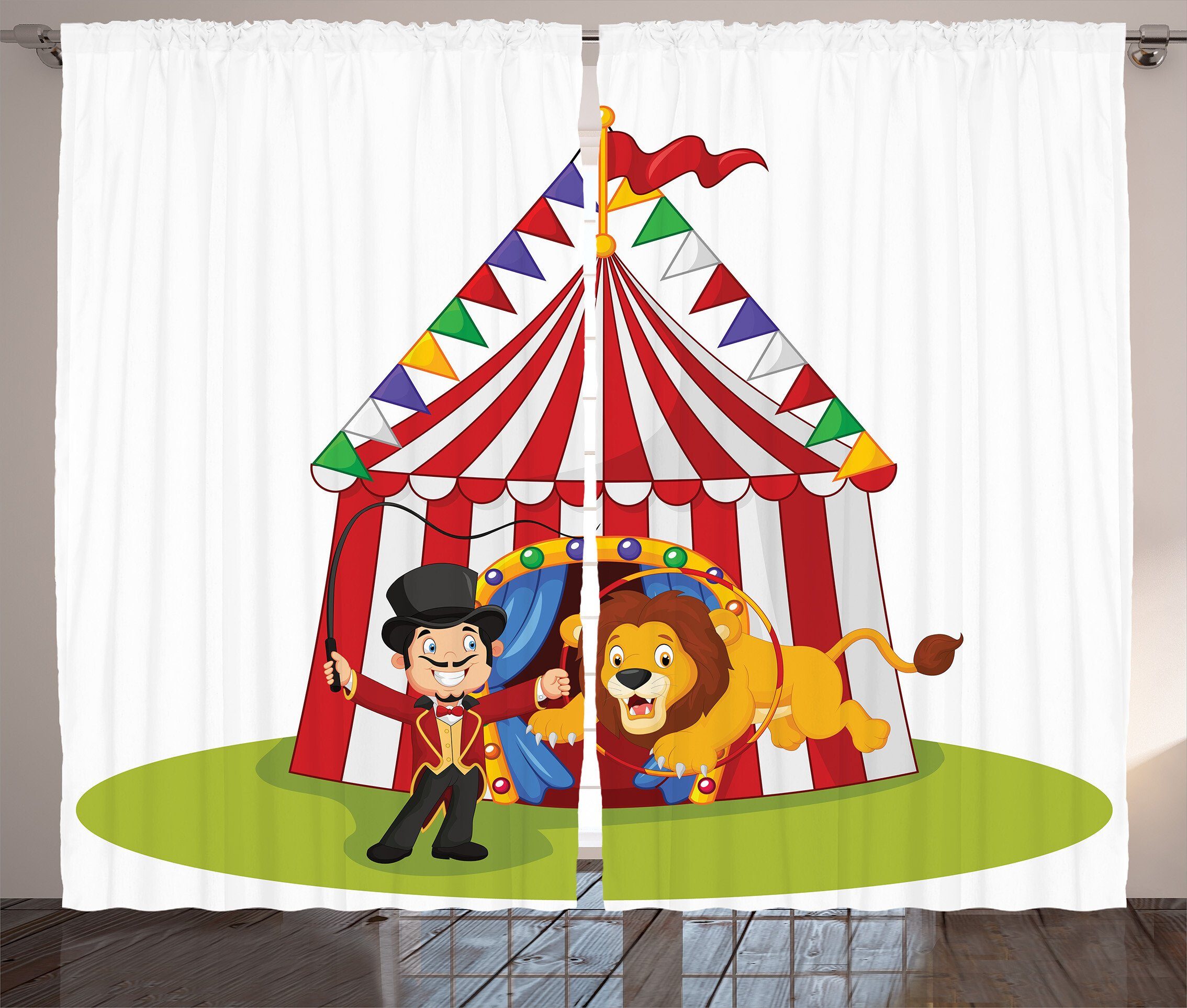 Gardine Schlafzimmer Kräuselband Vorhang mit Haken, Schlaufen Ring Kids und Abakuhaus, Cartoon-Löwe-Jumping