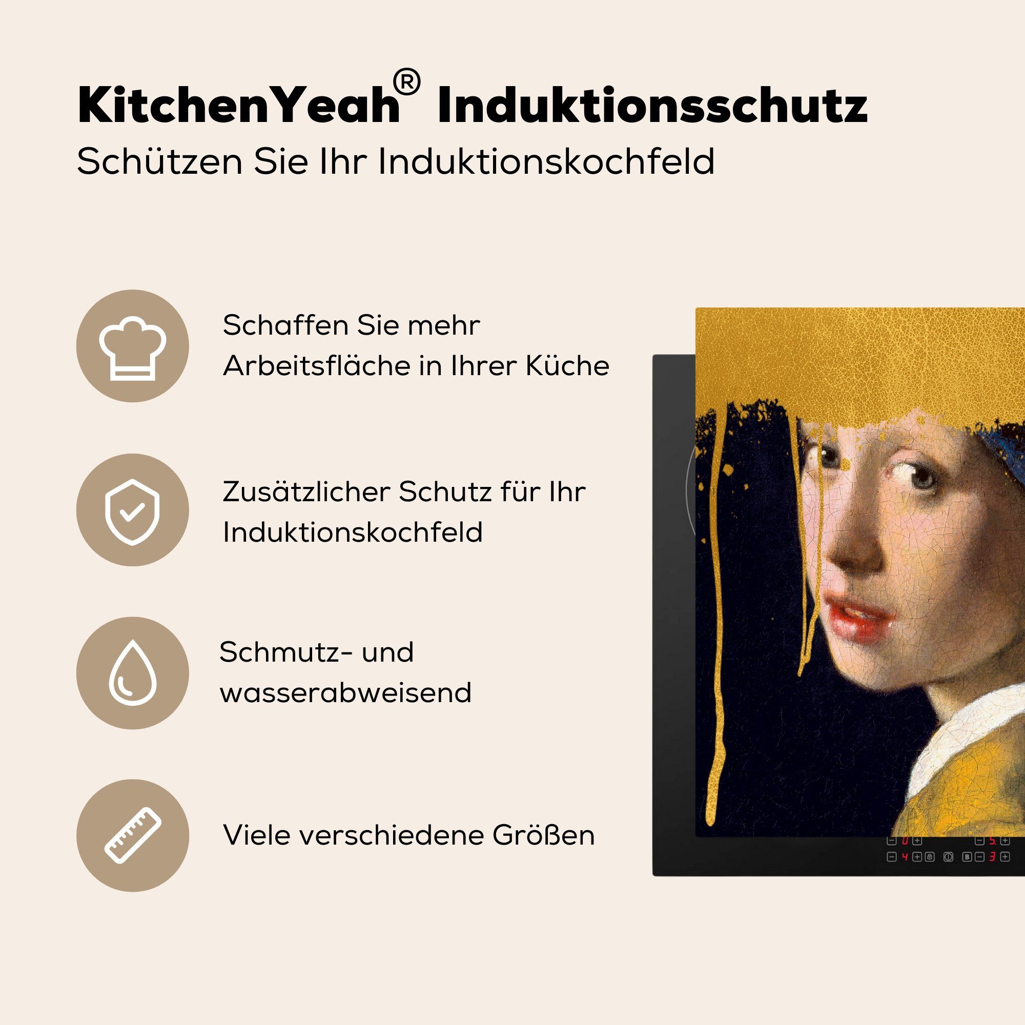die Mädchen MuchoWow Vinyl, 59x52 Induktionsmatte für Ceranfeldabdeckung mit Perlenohrring cm, (1 Gold küche, Vermeer, Herdblende-/Abdeckplatte tlg), - einem -