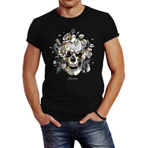 Neverless Print-Shirt Herren T-Shirt Totenkopf Rosen Skull Roses Schädel Slim Fit Neverless® mit Print