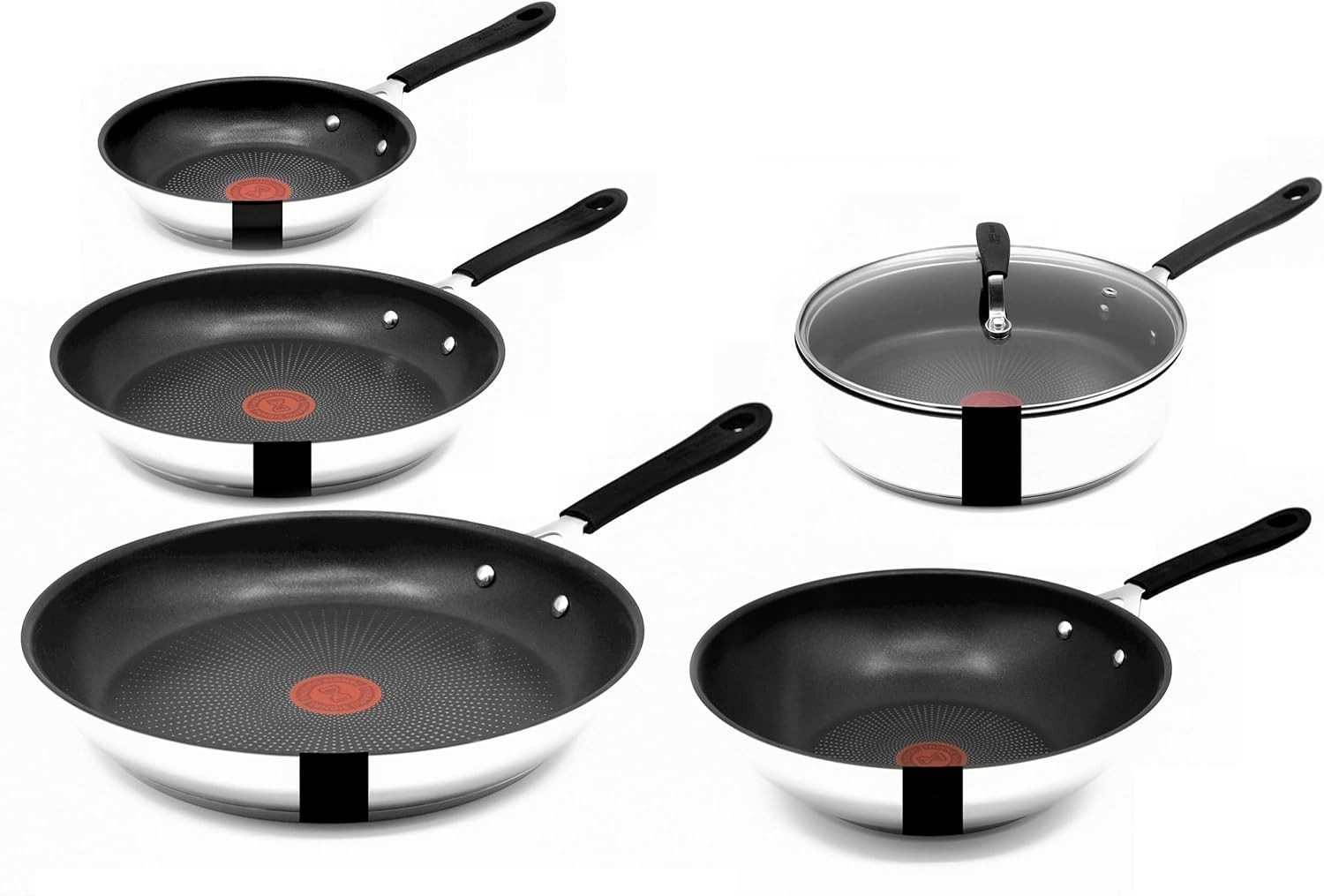 Tefal Pfannen-Set Jamie Oliver E76 Pfannenset 20,24,28cm + Wok 28cm Schmorpfanne mD 25cm, Edelstahl 18/10 (Pfanne, Bratpfannen Set, Pfannenset, Wok, Wokpfanne, Schmorpfanne, Pfannen + 1 Wender & Schoner Antihaftbeschichtet Pfannenset mit Deckel), ohne Fett / Öl braten