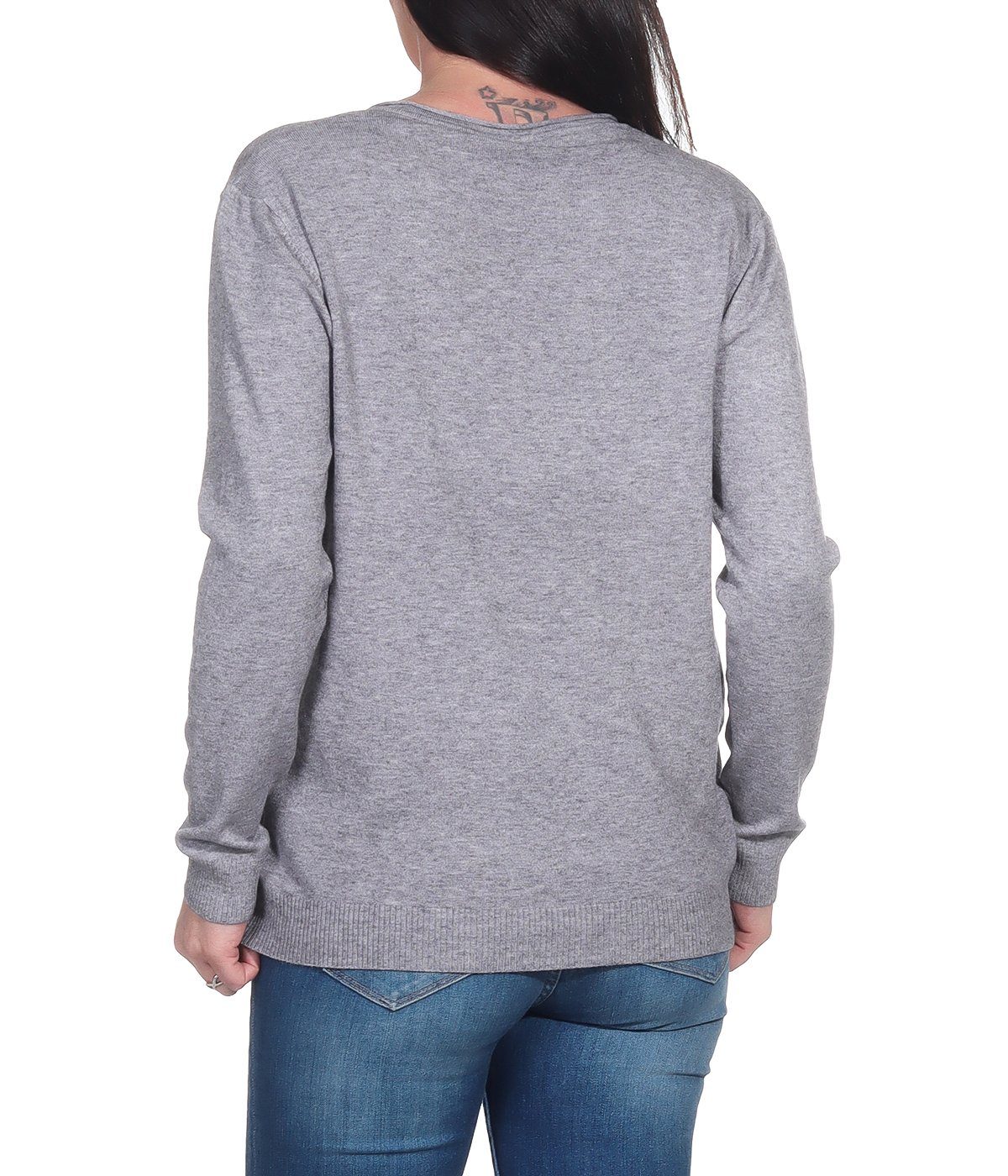 Pulli Unterziehshirt Aurela Freizeitpullover Wintersport Feinstrickpullover für oder Damenmode den (1-tlg) Pullover für Basic Grau angenehmer V-Ausschnitt-Pullover Damen