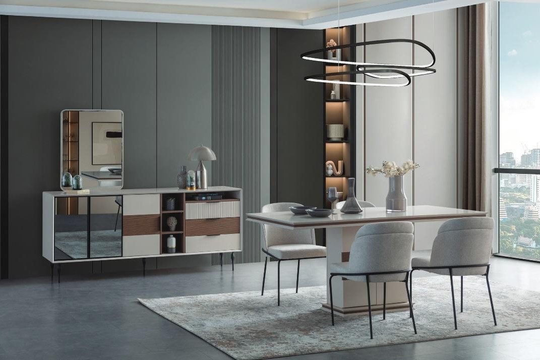 Xlmoebel Esszimmer-Set Weiße Essgruppe mit rechteckigem Tisch, 4 Stühlen und Sideboard, (7-St), Made in Europa