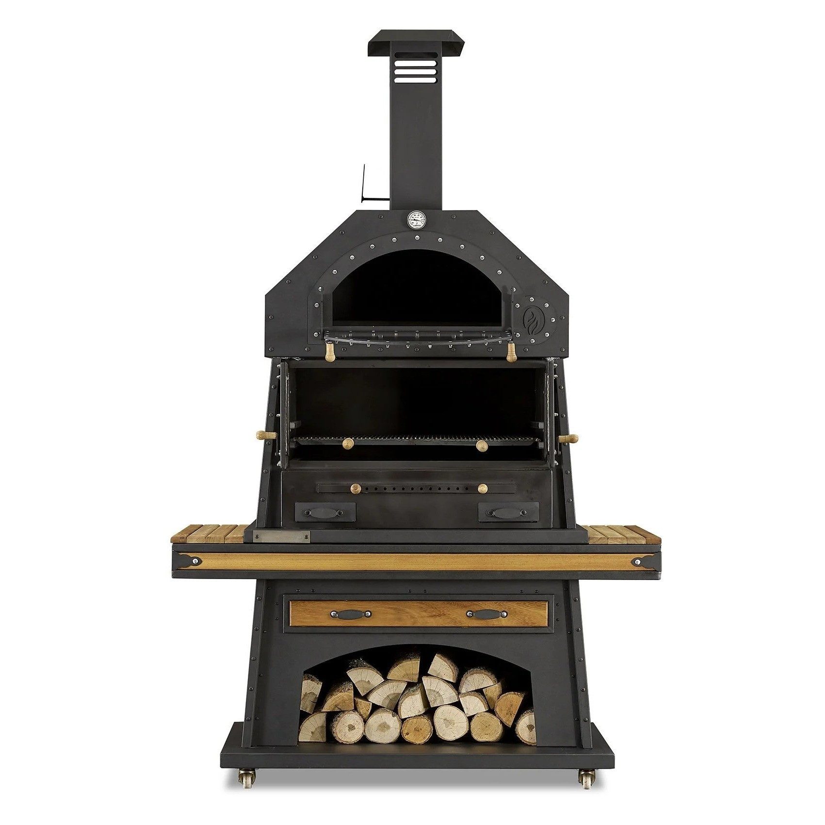 Xlmoebel Holzkohlegrill Eleganter Grillkamin aus Holz und Edelstahl schwarz, Made in Europa