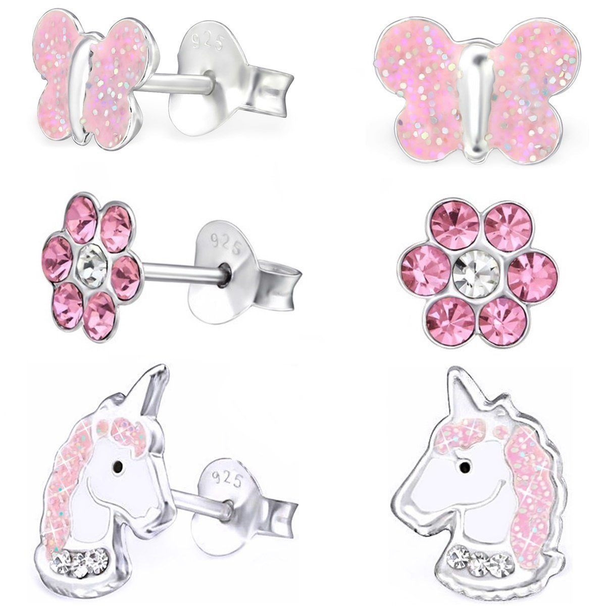 Goldene Hufeisen Сережки-гвоздики-Set 3 Paar Set Сережки-гвоздики Einhorn Schmetterling Blume Сережки 925 Silber (6-tlg), 925 Silber (Sterlingsilber), Hypoallergen