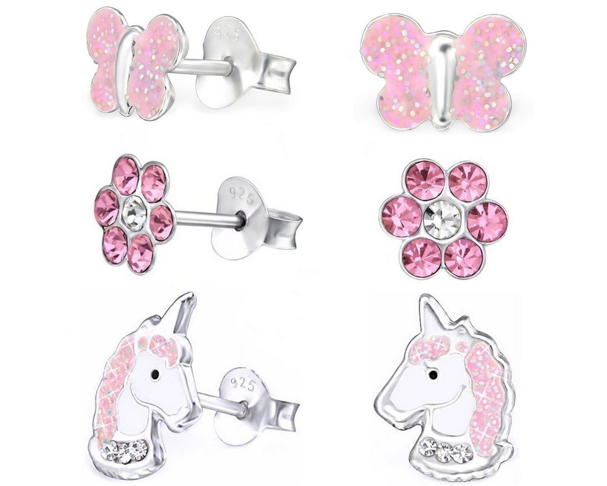 Goldene Hufeisen Ohrstecker-Set 3 Paar Set Ohrstecker Einhorn Schmetterling Blume Ohrringe 925 Silber (6-tlg), 925 Silber (Sterlingsilber), Hypoallergen