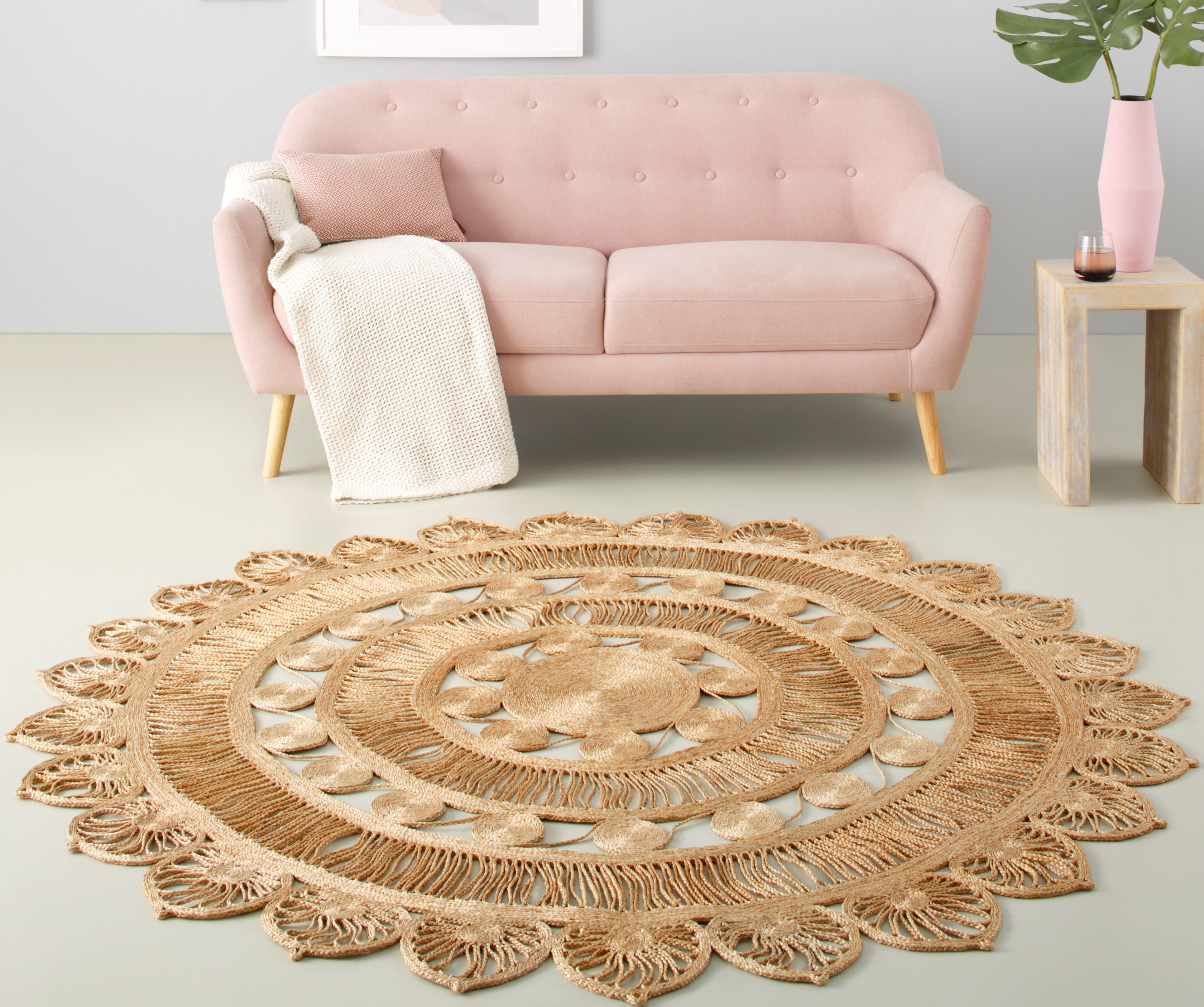 my home Teppich Naturala, Jute-Teppich, handgefertigt, rund, Höhe: 5 mm, reines Naturprodukt, Jute, Boho, Wendeteppich, Wohnzimmer, Esszimmer