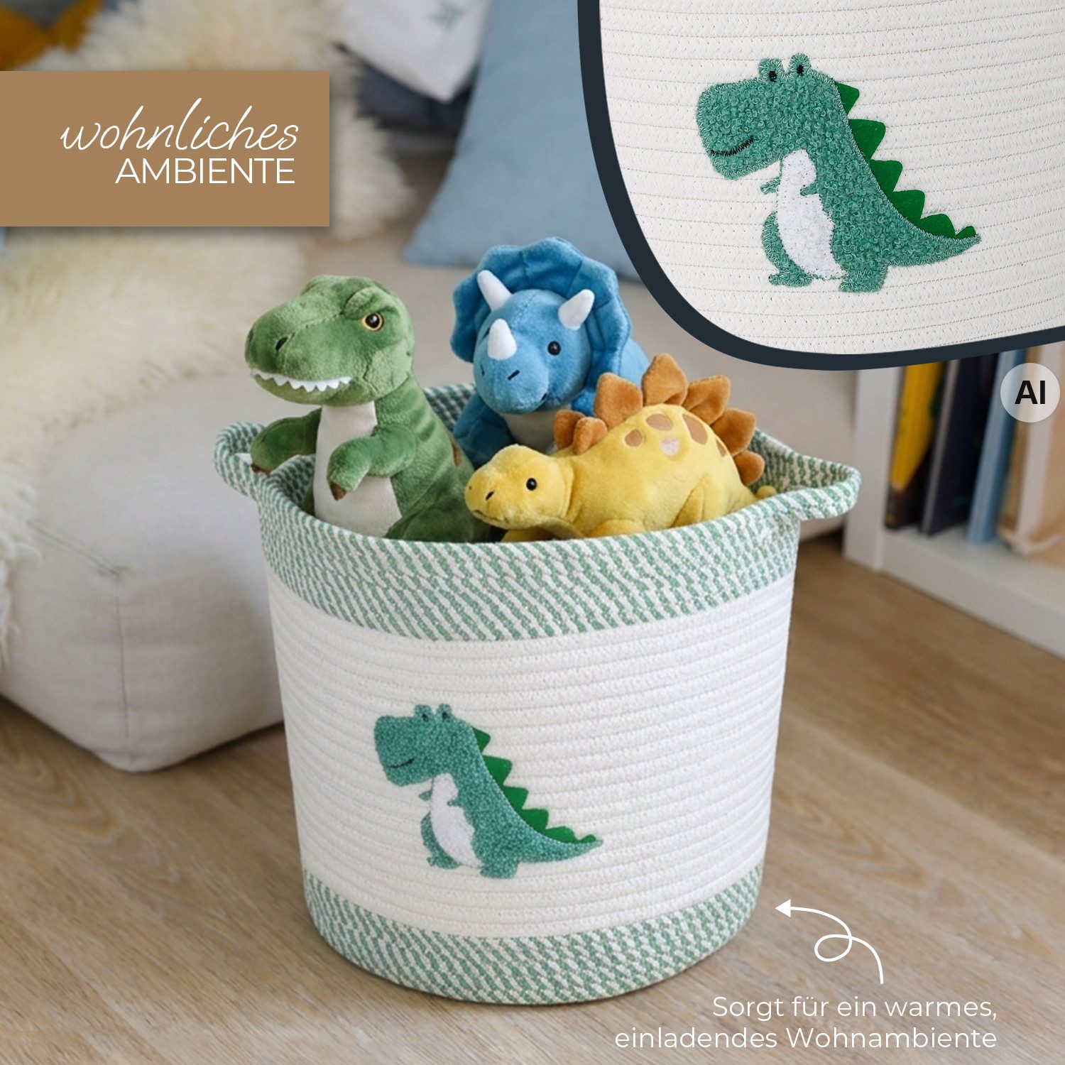HMF Aufbewahrungskorb Aufbewahrungskorb mit verlängerten Griffen, runder Korb, Baumwolle für Kinderzimmer oder Babyzimmer,Dinosaurier, 30,5 x 30,5 cm – Bild 4 von 5