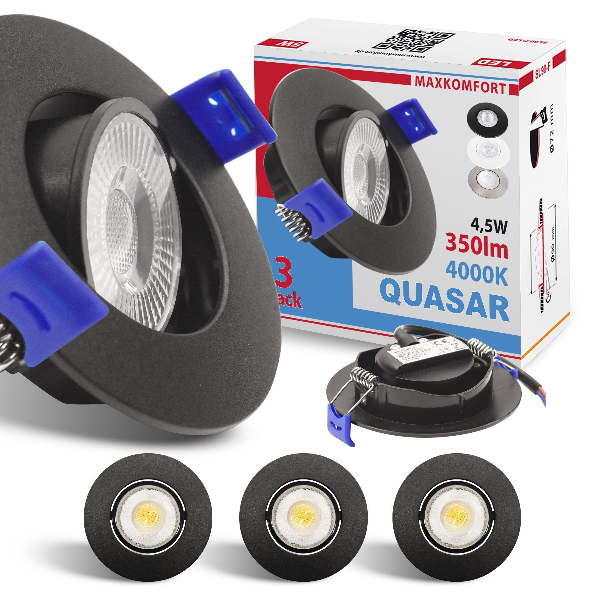 Maxkomfort LED Einbaustrahler 3/6/12er Set - schwenkbar & Ultraflach, Neutralweiß 4000K, LED fest integriert, Deckenspots Schwarz/Weiß/Silber - Einbauspots IP20 Ø90mm