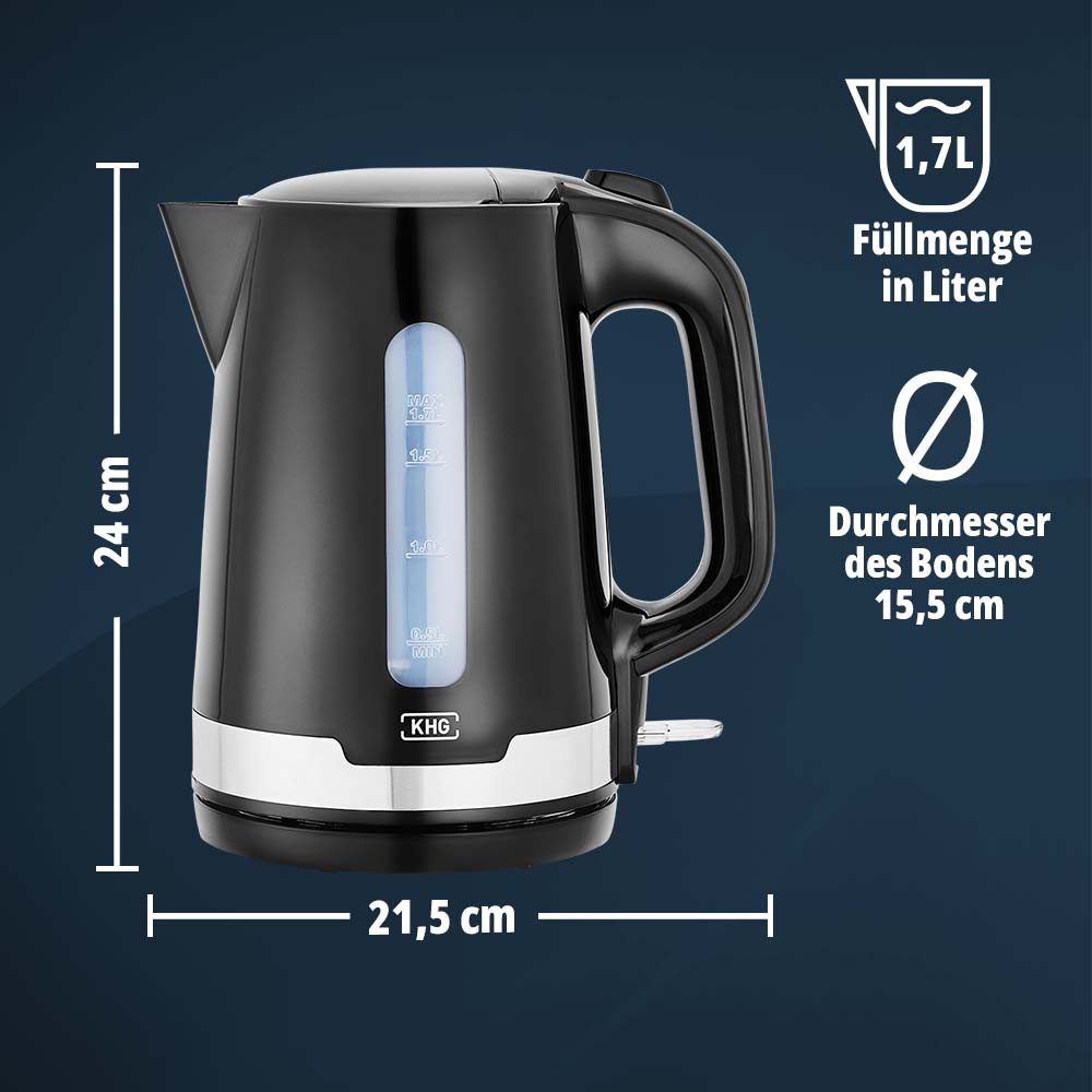 KHG Wasserkocher Wasserkocher WK-1708 SE2 in schwarz aus Kunststoff, 1,7 Liter, 1.7 l