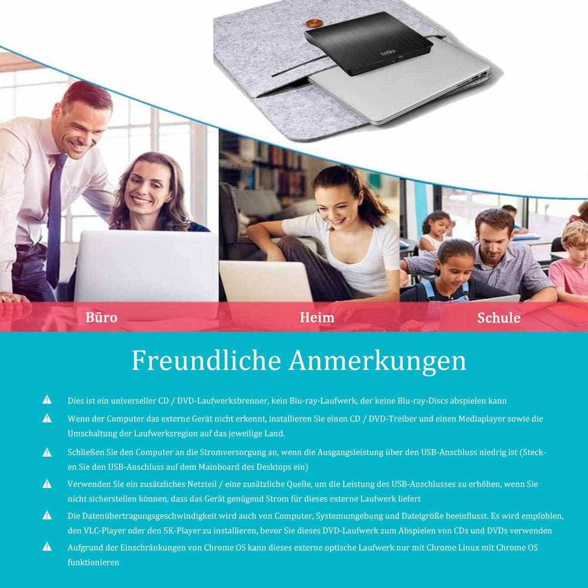 KINSI USB3.0 Externes optisches Laufwerk Mobiler DVD-Brenner CD-Brenner (DVD 8x/CD 24x, Antriebslose Installation, Plug and Play)