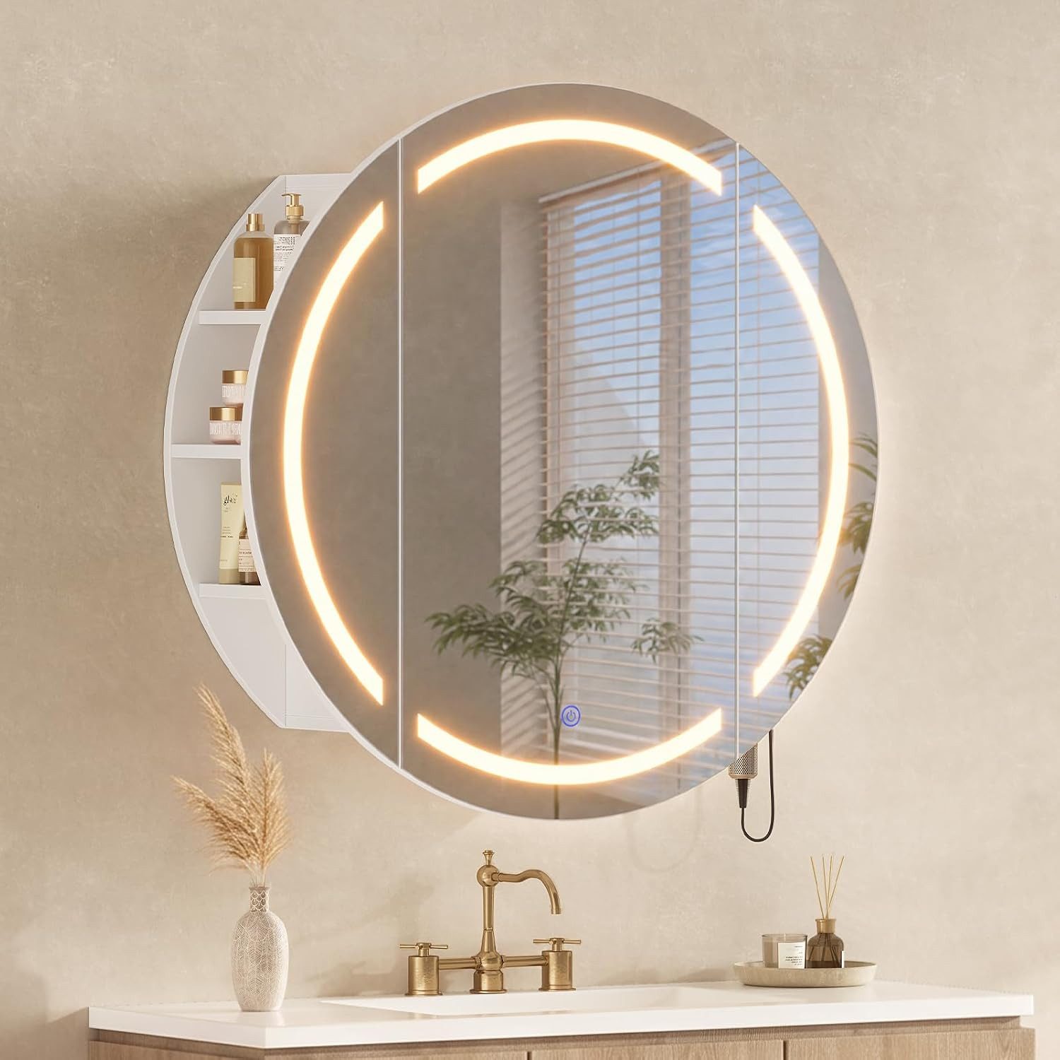 MSMASK Badezimmerspiegelschrank mit LED-Beleuchtung, Steckdose und Föhnhalter, Touch-Schalter (1-St) Spiegelschrank Bad, Badspiegel …