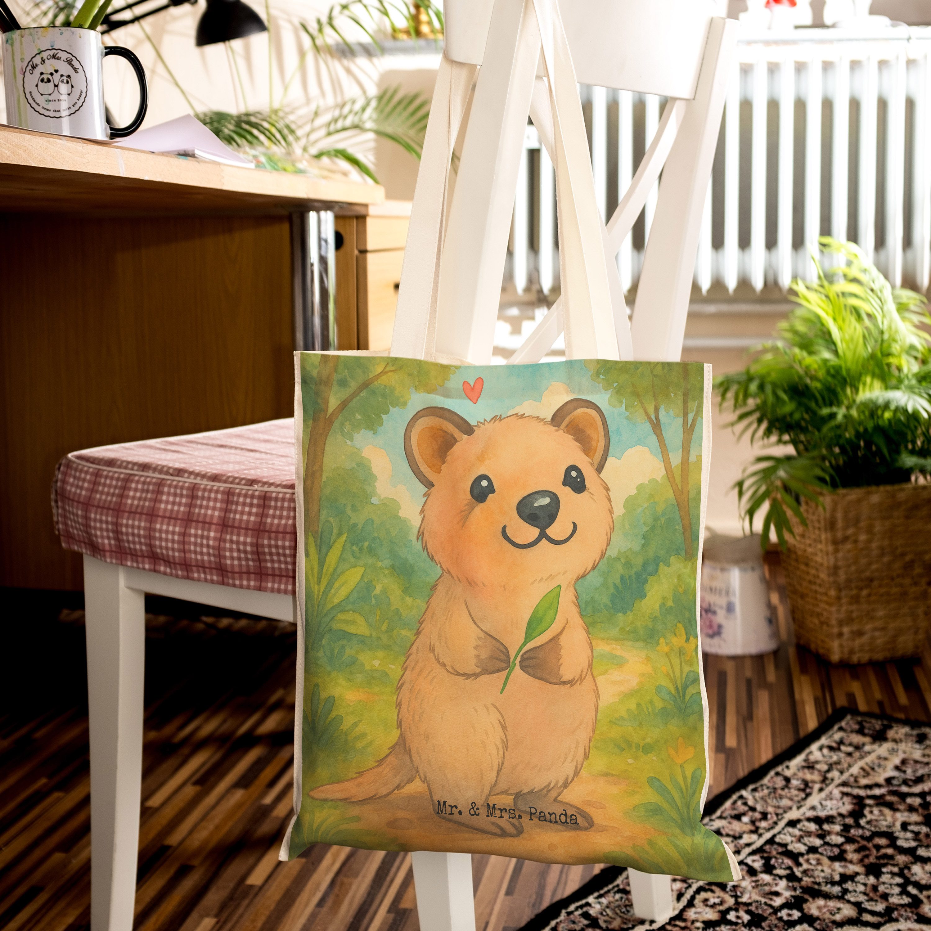 Mr. & Mrs. Panda Tragetasche Quokka Happy Design, Tote Bag, Weiß, Beuteltasche, Verschieben, Dinge (Packung), stoffshopper Stofftragetasche Shoppingtasche
