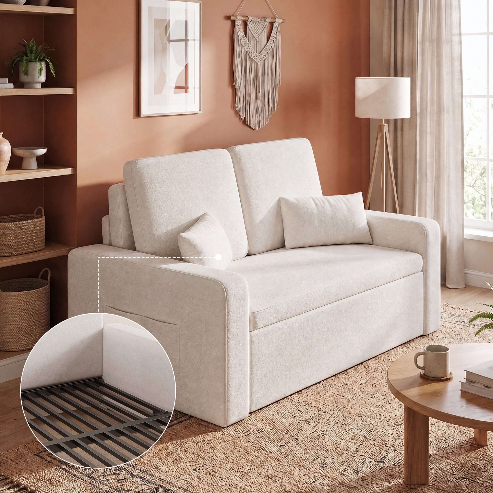 Blishom Schlafsofa 2-Sitzer-Schlafsofa aus Velours, ausziehbar, Liegefläche 117 x 196 cm, Mit Seitentaschen und zwei Zierkissen für Wohn- und Gästezimmer – Bild 5 von 5