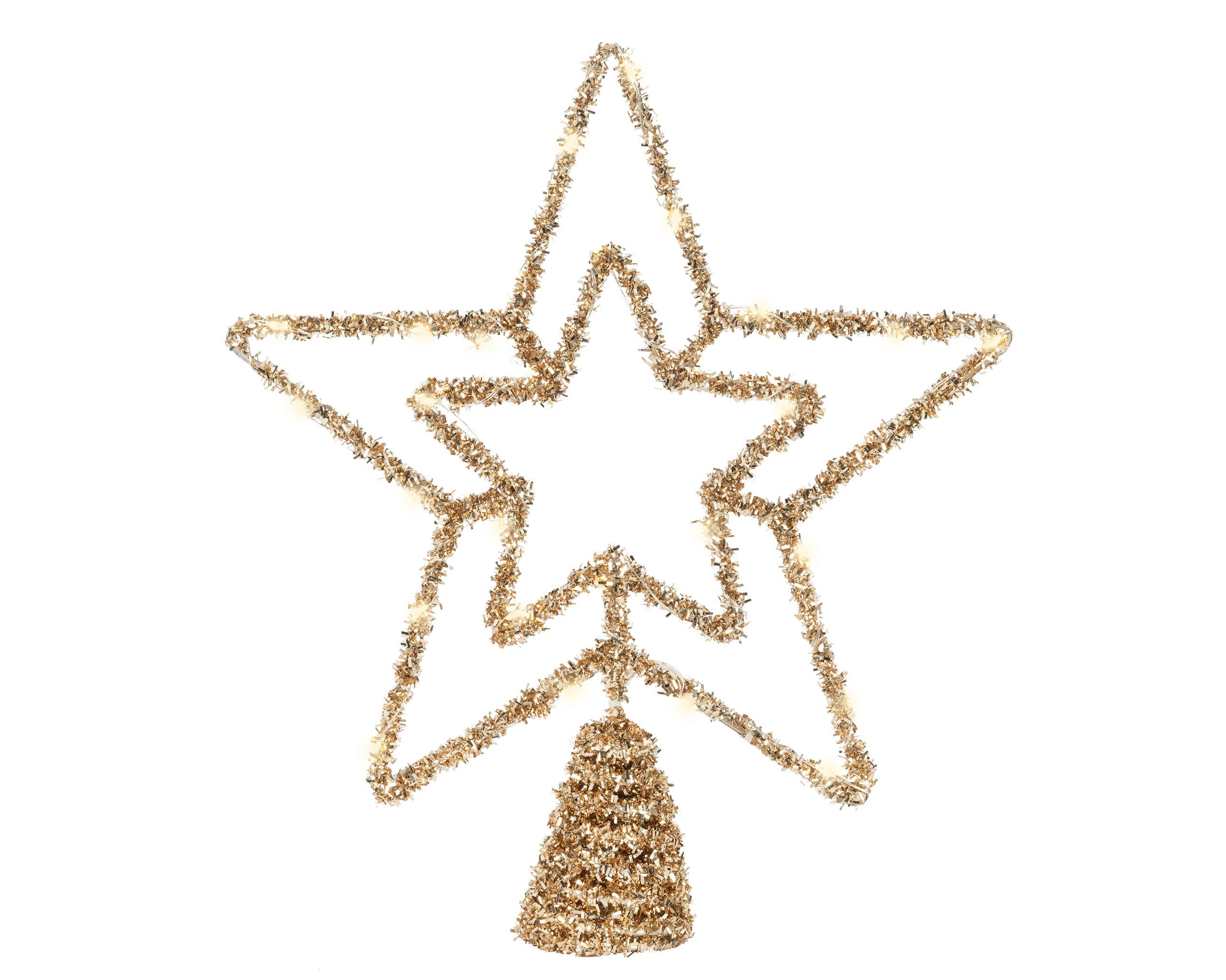 Lumineo Christbaumspitze, LED Christbaumspitze Stern mit Timer 28cm Metall Gold / Warmweiß