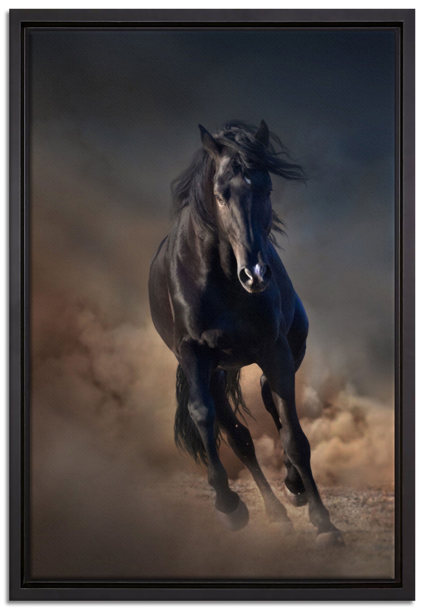 Leinwandbild Zackenaufhänger Elegantes schwarzes Leinwandbild bespannt, einem fertig Pferd, Wanddekoration (1 inkl. St), gefasst, Pixxprint in Schattenfugen-Bilderrahmen