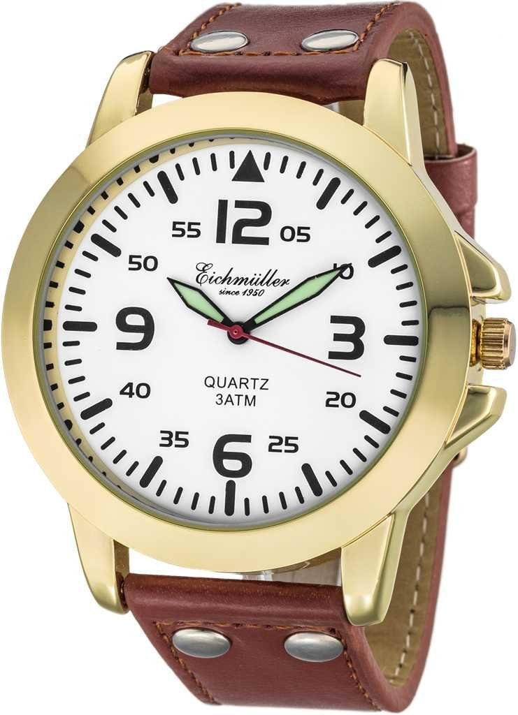 Herren Uhren Eichmüller Quarzuhr Herrenuhr RE1015 goldfarben-weiss-braun Lederband 45 mm