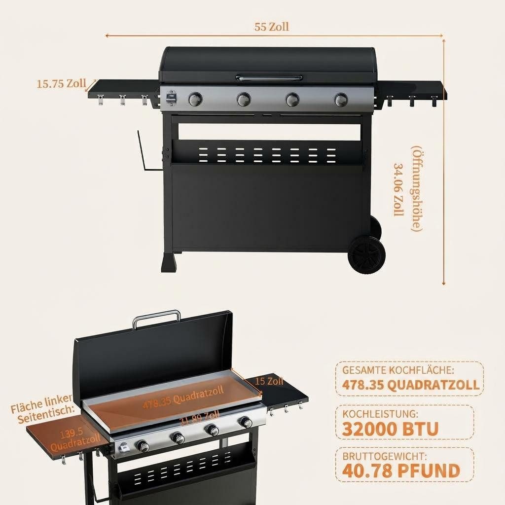 GarveeMore Standgrill Gasgrill 4 Brenner 32000 BTU mit Deckel, BBQ Grillwagen, mit Seitenablagen und Rädern