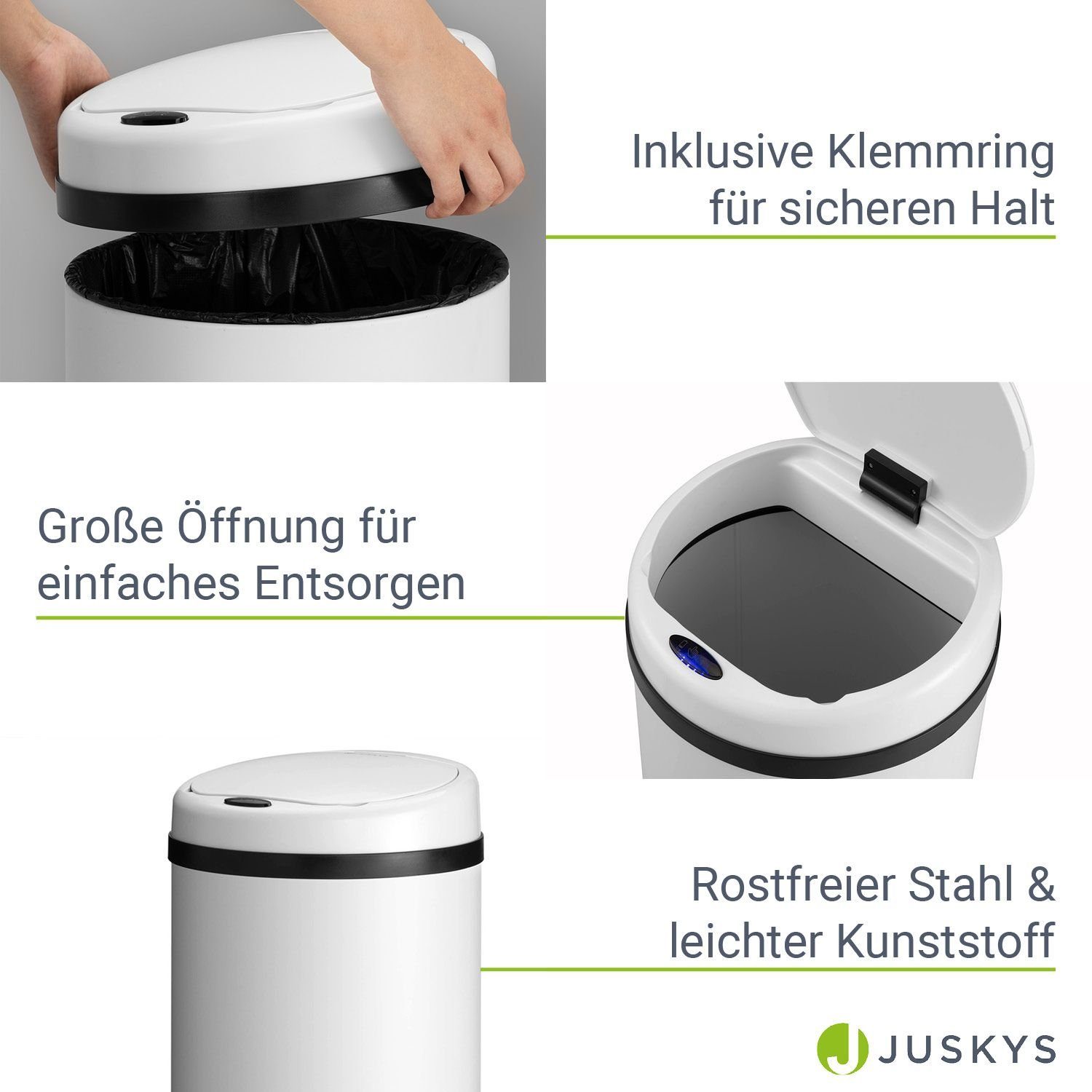 mit L / 40 Mülleimer, Schließen, Juskys Öffnen rostfrei Weiß geräuscharmes Volumen, Sensor,