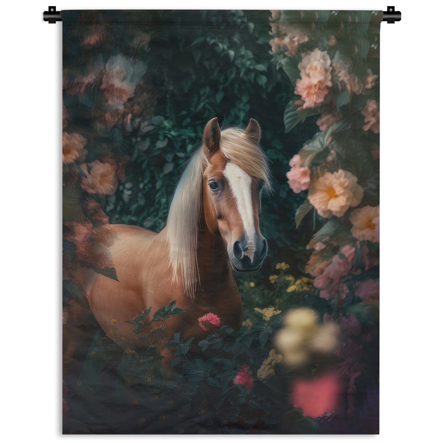 - Pferd Tapisserie, - Wanddekoobjekt für MuchoWow Deko an Wald Natur - - Wohnzimmer, Tiere, Blumen Wand, Schlafzimmer der