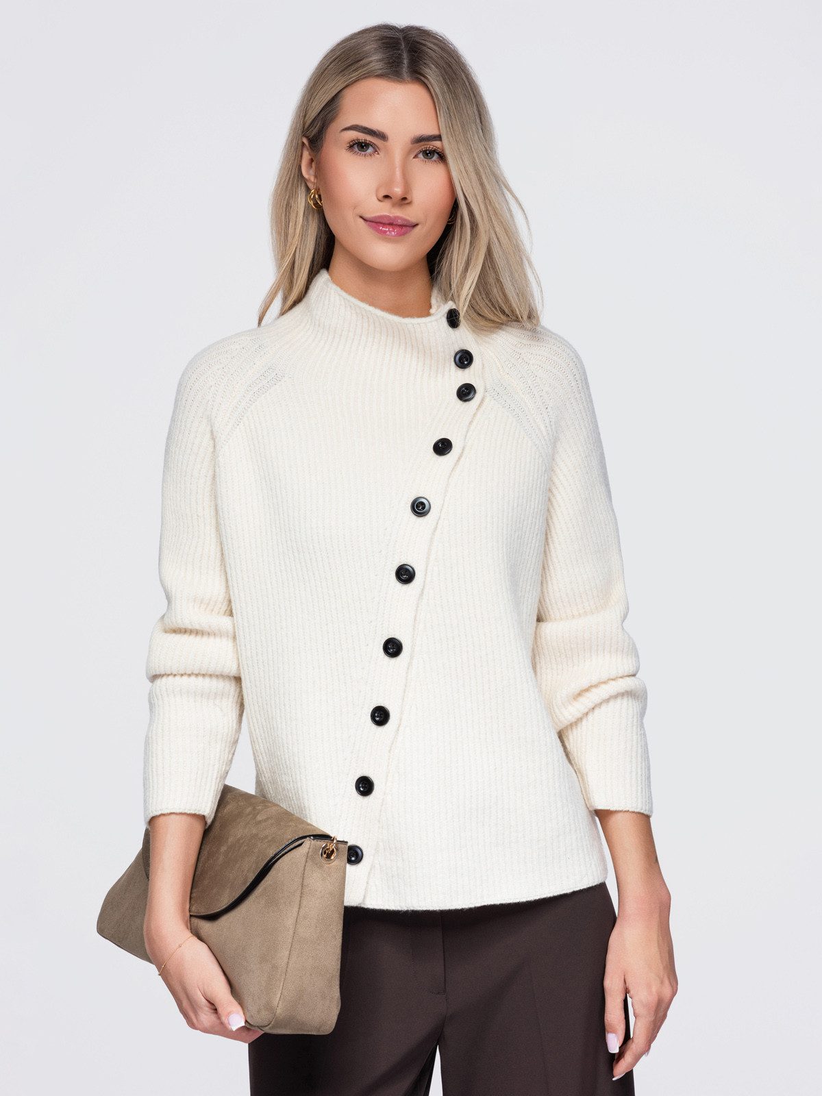 OMBRE Cardigan Damen Pullover mit hohem Kragen und geradem Schnitt Beige ONESIZE (kein Set, 1-tlg) in Unifarbe