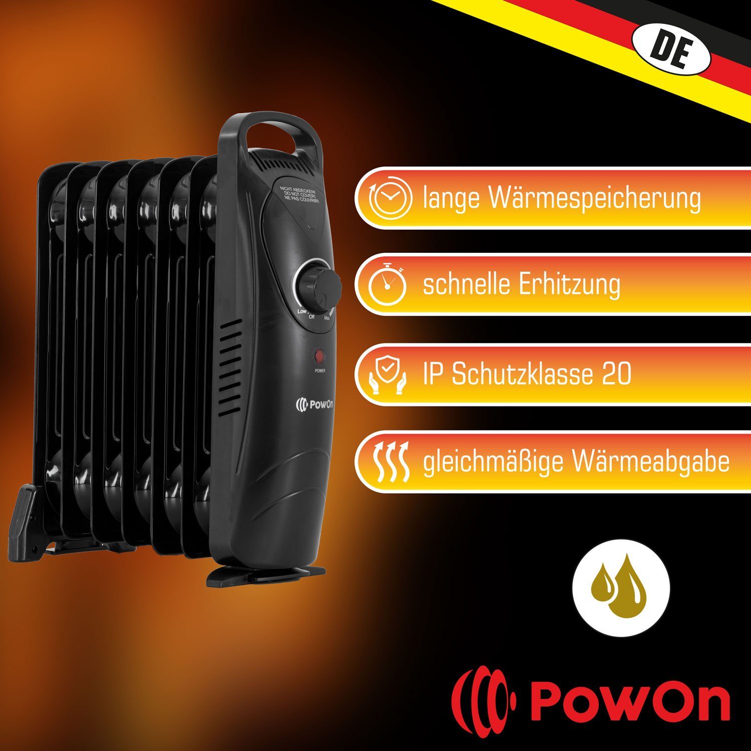 Ölradiator PowOn Heizkörper Energiesparend Rippen 7 Radiator 600W ca.30x14x38cm Ölradiator Elektrisch,
