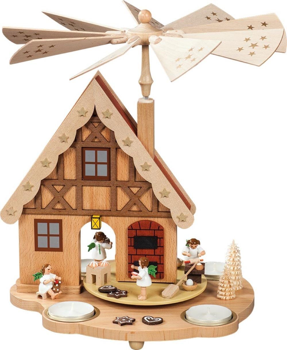 Richard Glaesser Weihnachtspyramide Pyramidenhaus Engelbäckerei bunt für Teelichte, Höhe 29 cm, Handwerkskunst original Erzgebirge