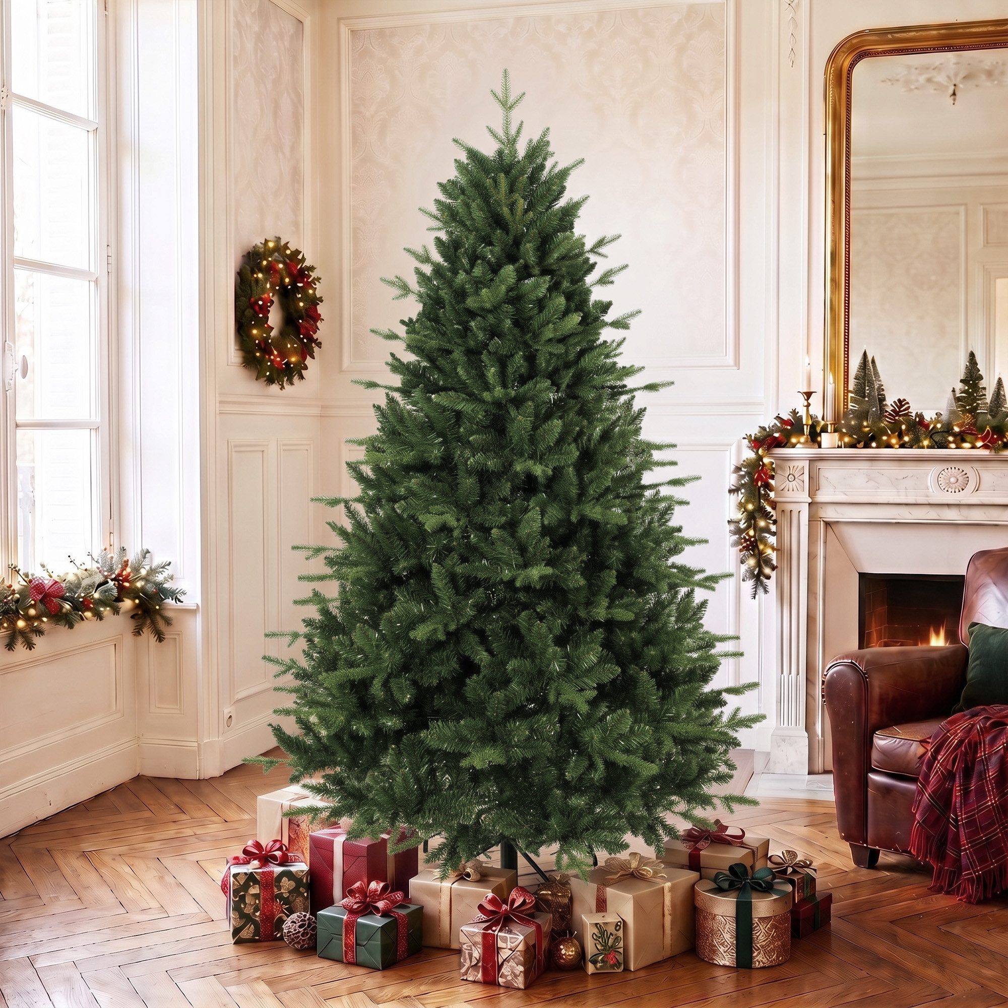 furnicato Künstlicher Weihnachtsbaum 180 x 122 cm Grün PE PVC Metall Christbaum 1237 Spitzen, Flammhemmende Kunsttanne mit Metallständer für dein Wohnzimmer
