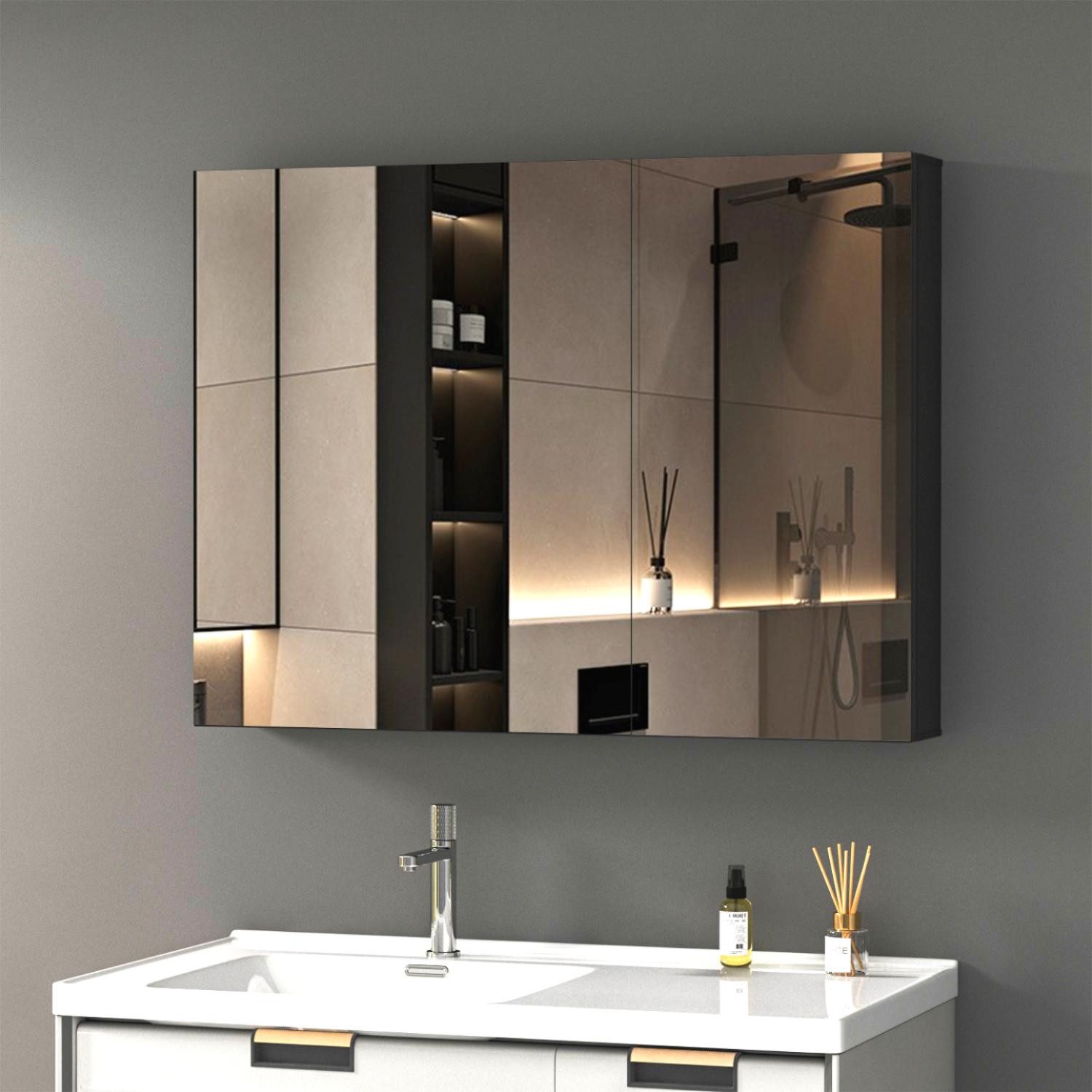WDWRITTI Badezimmerspiegelschrank Aluminium Spiegelschrank Bad Schwarz 2-tü günstig online kaufen