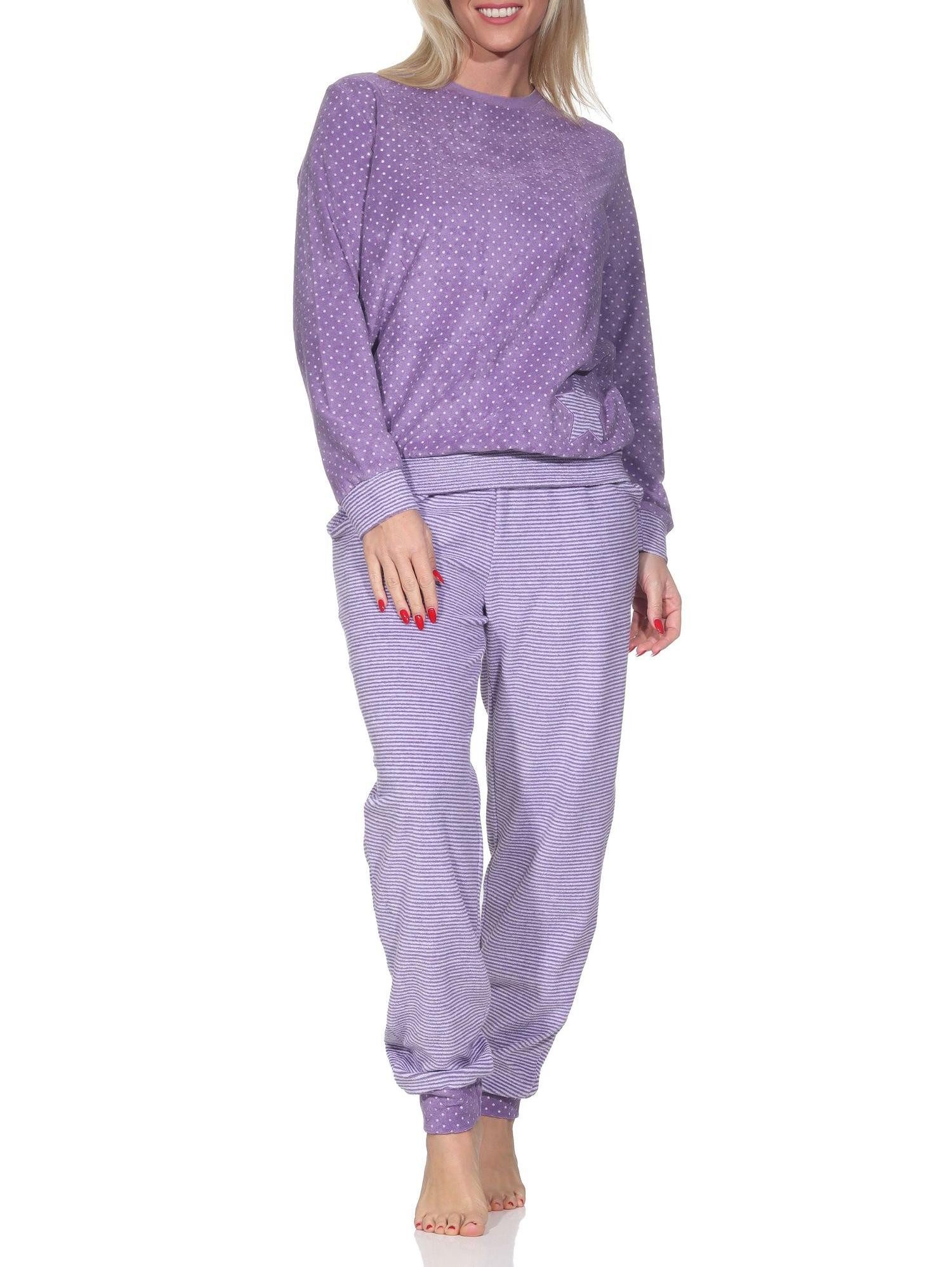 Normann Pyjama Normann Damen Frottee Pyjama mit Bündchen in Tupfen- und Ringeldesign – Bild 2 von 4