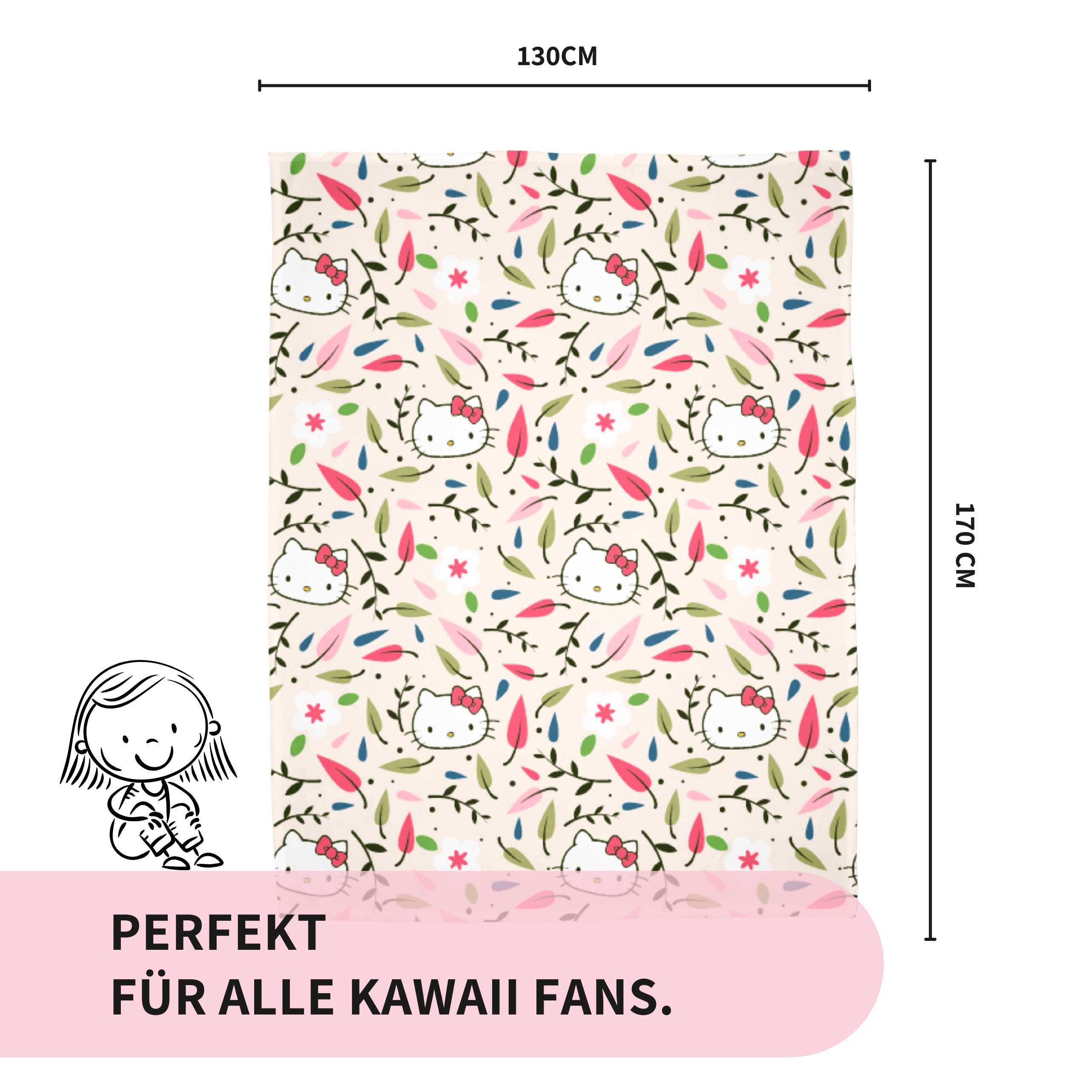 Kinderdecke Hello Kitty Blütenzauber 130 x 170 cm passend zur Bettwäsche, MTOnlinehandel, Geschenkidee für Mädchen, weich und kuschelig