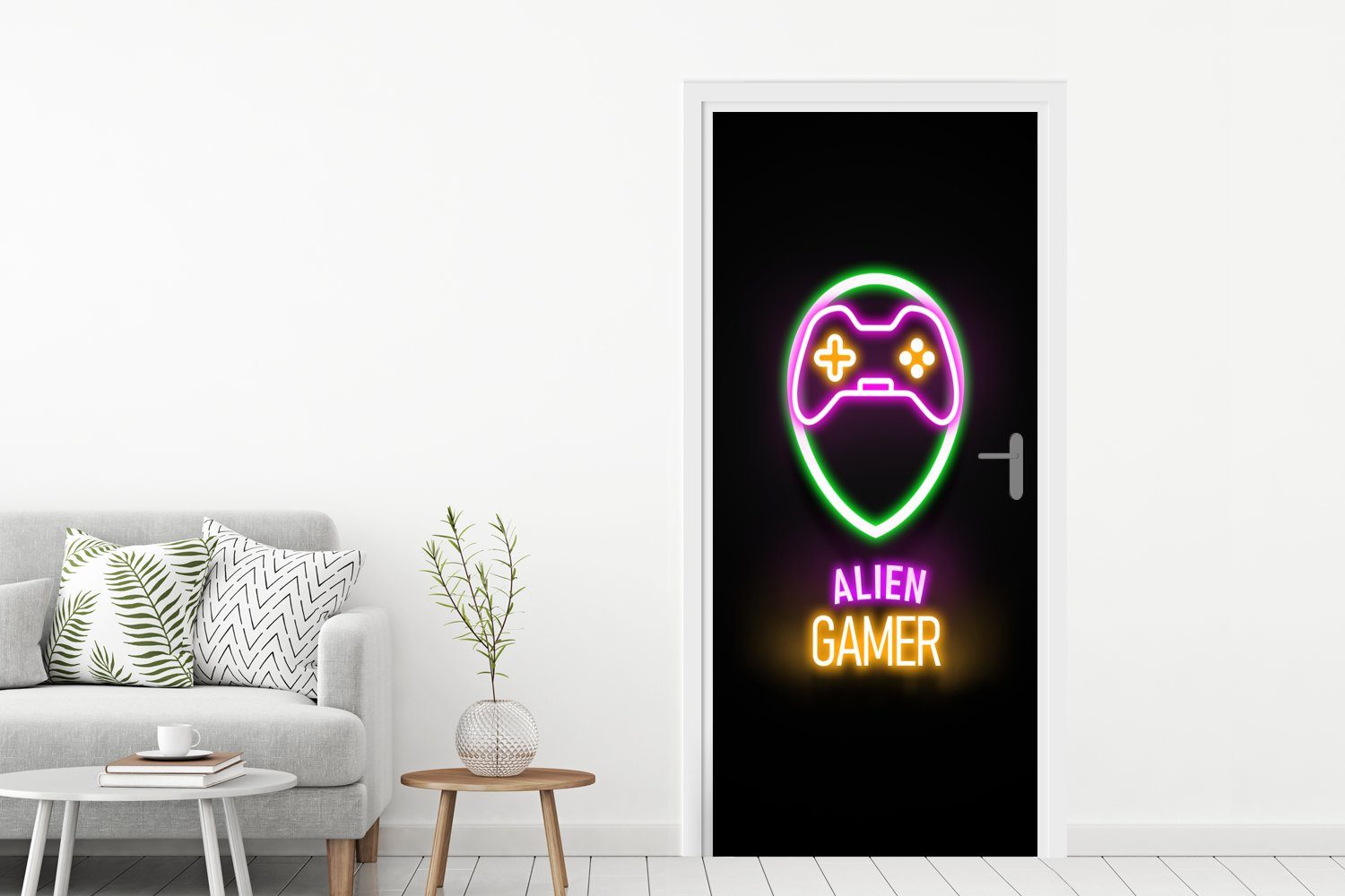 Controller, - Fototapete Gaming - bedruckt, (1 St), für Zitate cm - Tür, Alien-Gamer Türaufkleber, MuchoWow Türtapete - 75x205 Neon Matt,